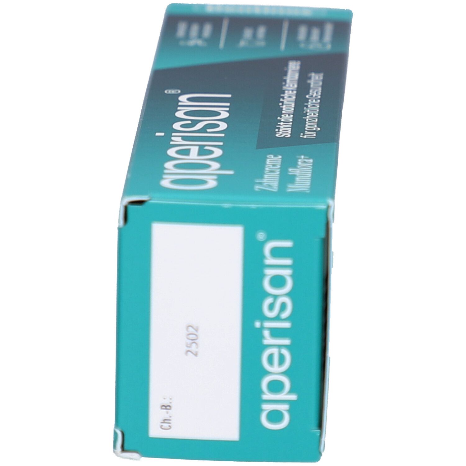 Zahncreme-Schachtel, Seitenansicht. Aufschrift: aperisan®. Grün-blaue Farbgebung. Text und Nummer.