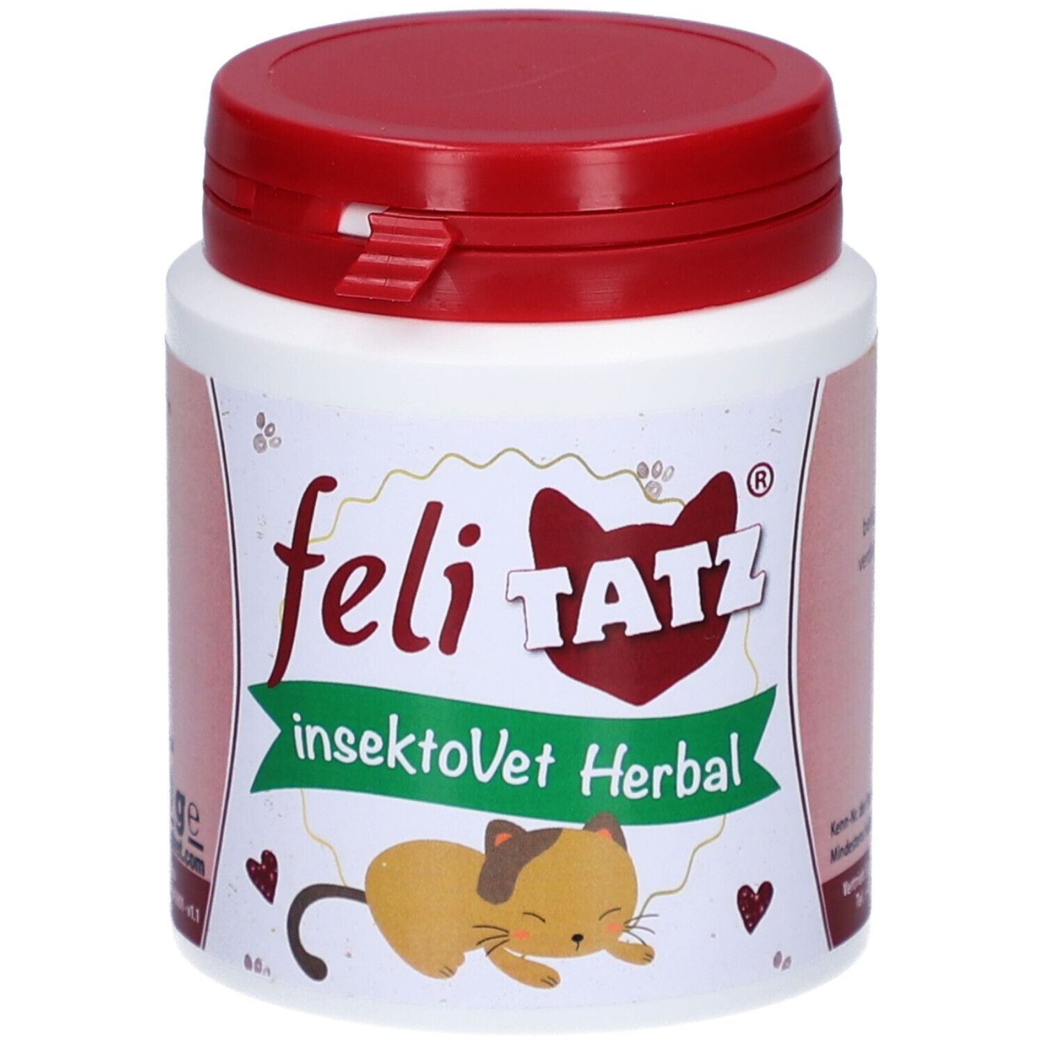 Weiße Dose mit rotem Deckel. Aufschrift: feli TATZ, insektoVet Herbal. Abbildung einer Katze.