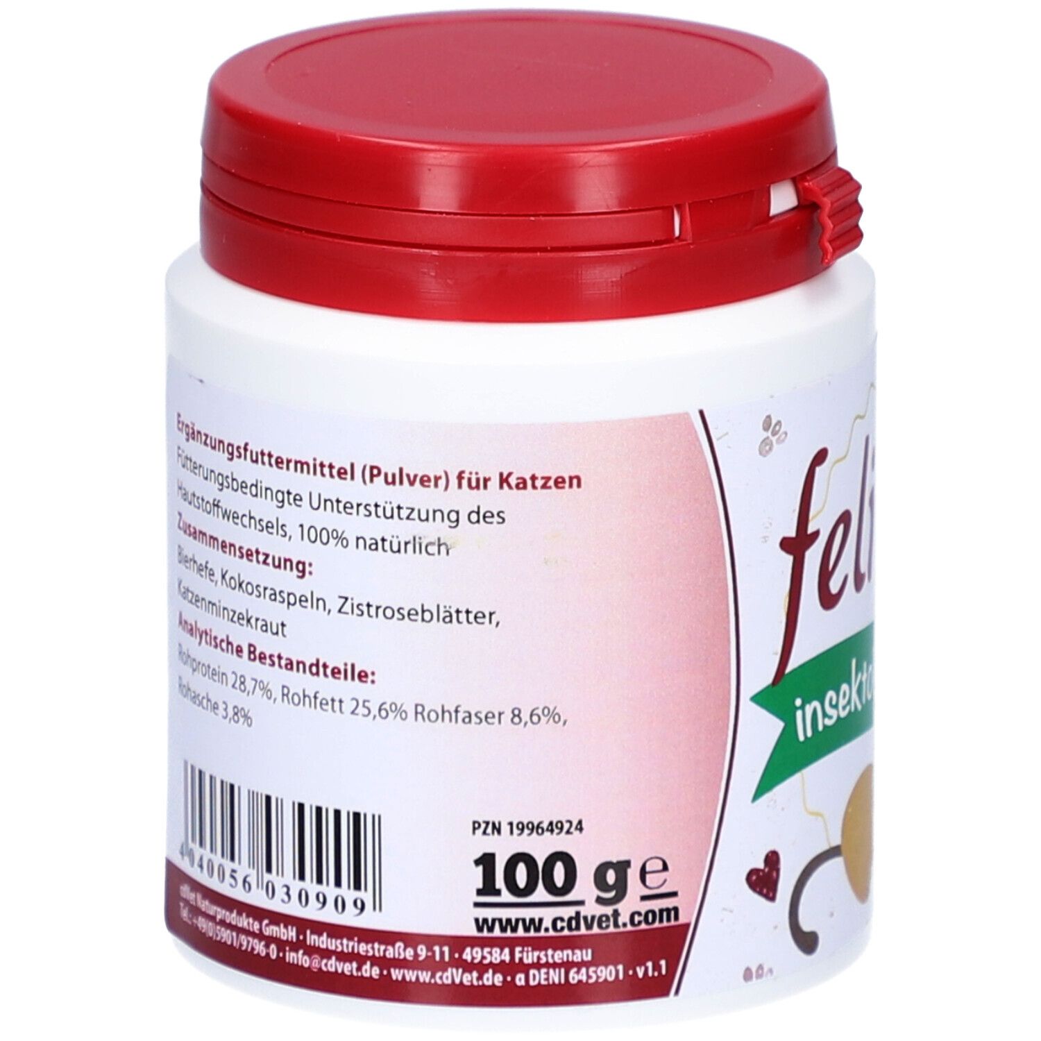 Weiße Dose mit rotem Deckel. Rückseite mit Text: Ergänzungsfuttermittel (Pulver) für Katzen. 100 g. PZN 19964924.