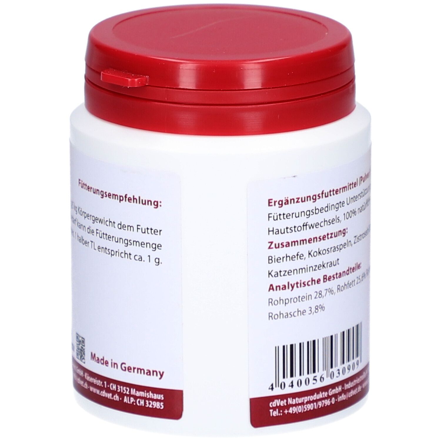 Weiße Dose mit rotem Deckel. Rückseite mit Text: Fütterungsempfehlung. Hergestellt in Deutschland.