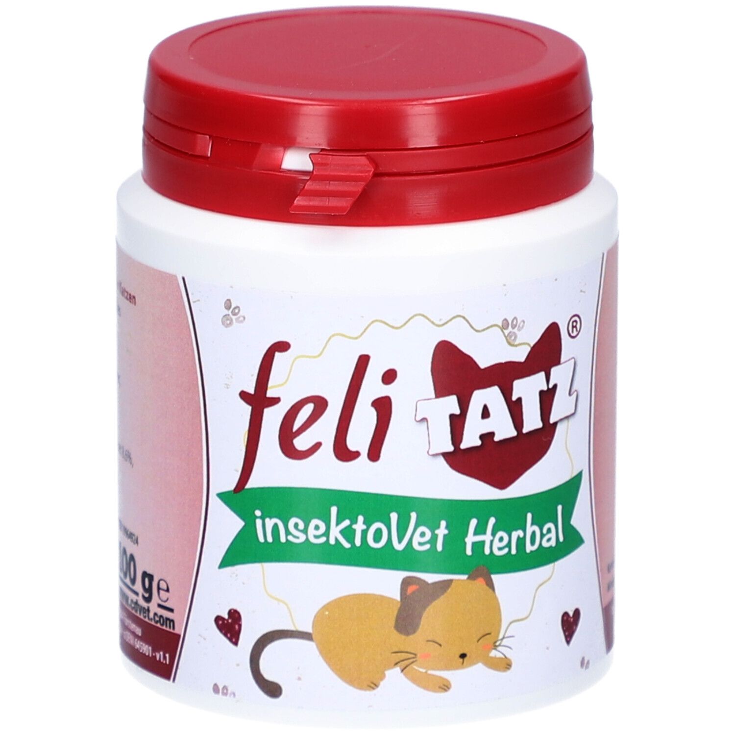 Weiße Dose mit rotem Deckel. Aufschrift: feli TATZ, insektoVet Herbal. Abbildung einer Katze. 100 g.