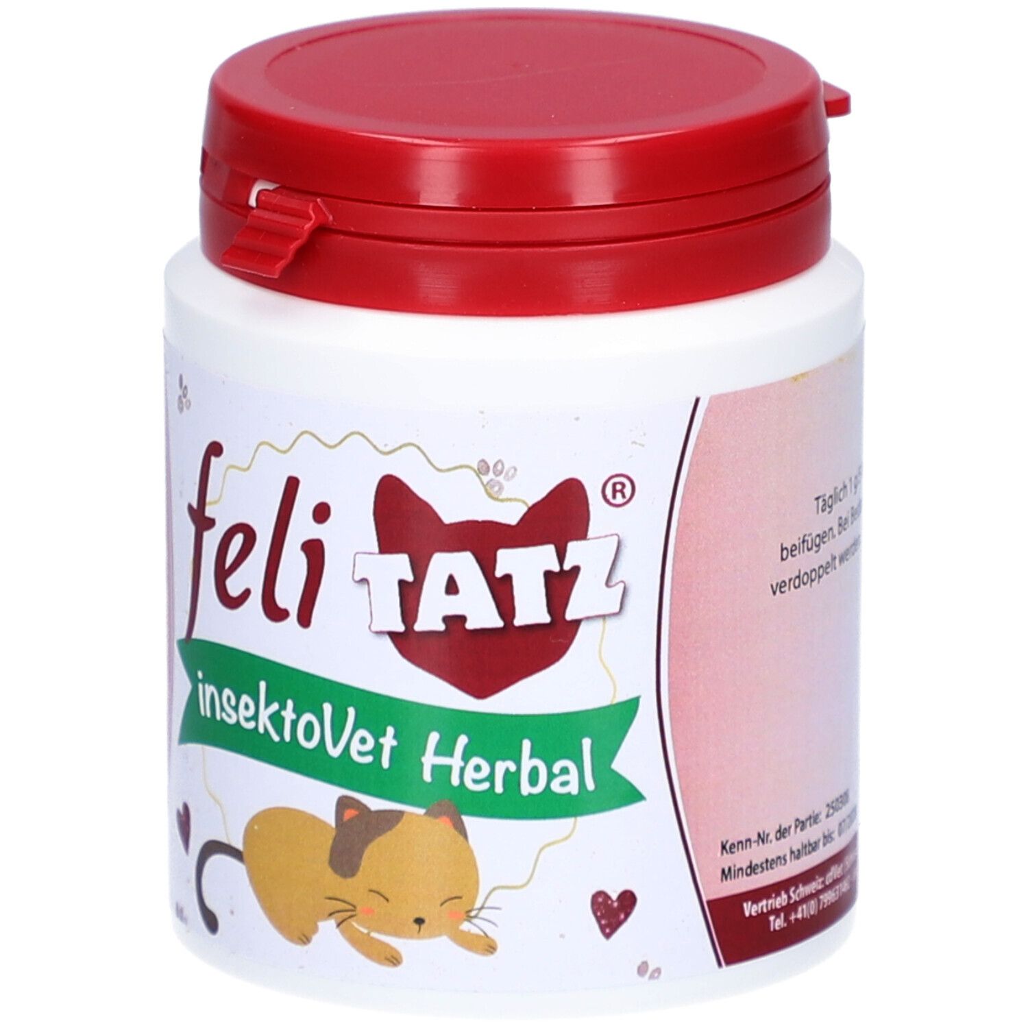 Weiße Dose mit rotem Deckel. Aufschrift: feli TATZ, insektoVet Herbal. Abbildung einer Katze. 100 g.