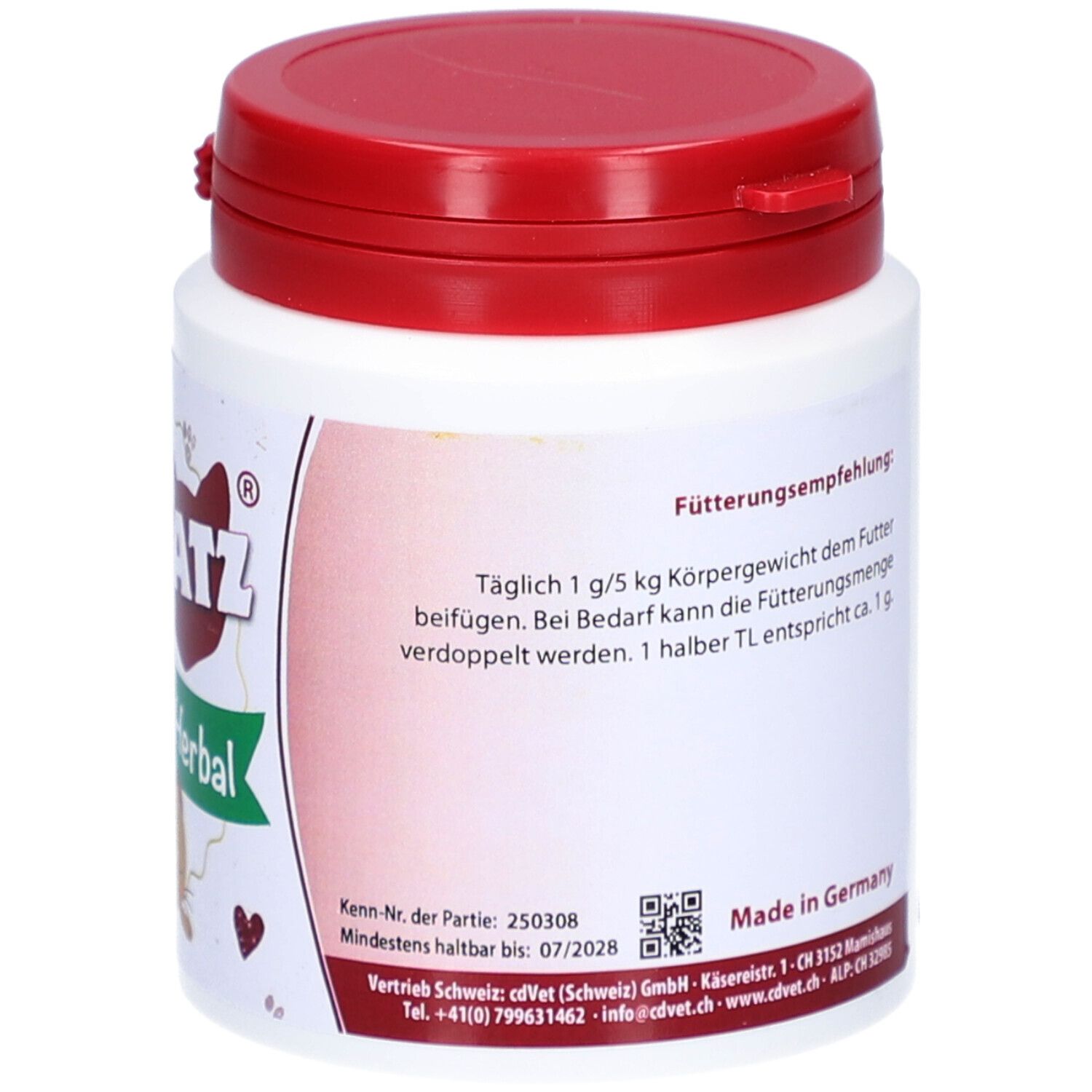 Weiße Dose mit rotem Deckel. Rückseite mit Text: Fütterungsempfehlung. Mindestens haltbar bis 07/2028. Made in Germany.