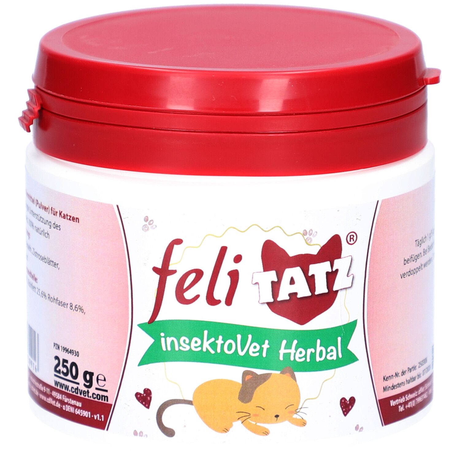 Weiße Dose mit rotem Deckel. Aufschrift: feli TATZ insektoVet Herbal. 250g. Abbildung einer Katze.