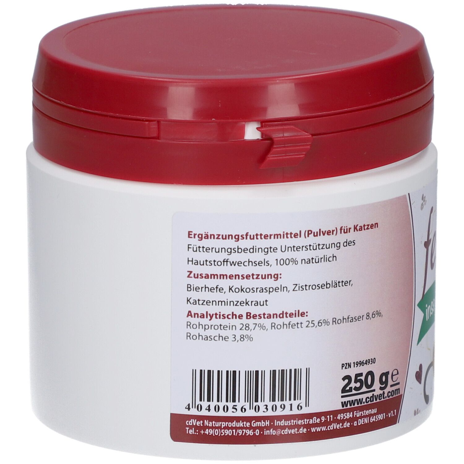Rückseite der weißen Dose mit rotem Deckel. Text über Ergänzungsfuttermittel für Katzen und Inhaltsstoffe.