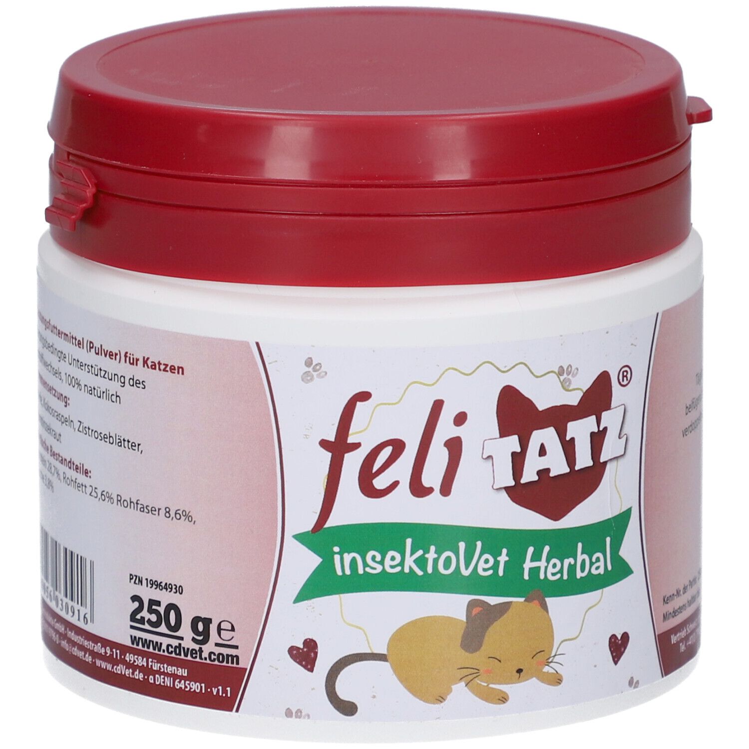 Weiße Dose mit rotem Deckel. Aufschrift: feli TATZ insektoVet Herbal. 250g. Abbildung einer Katze.