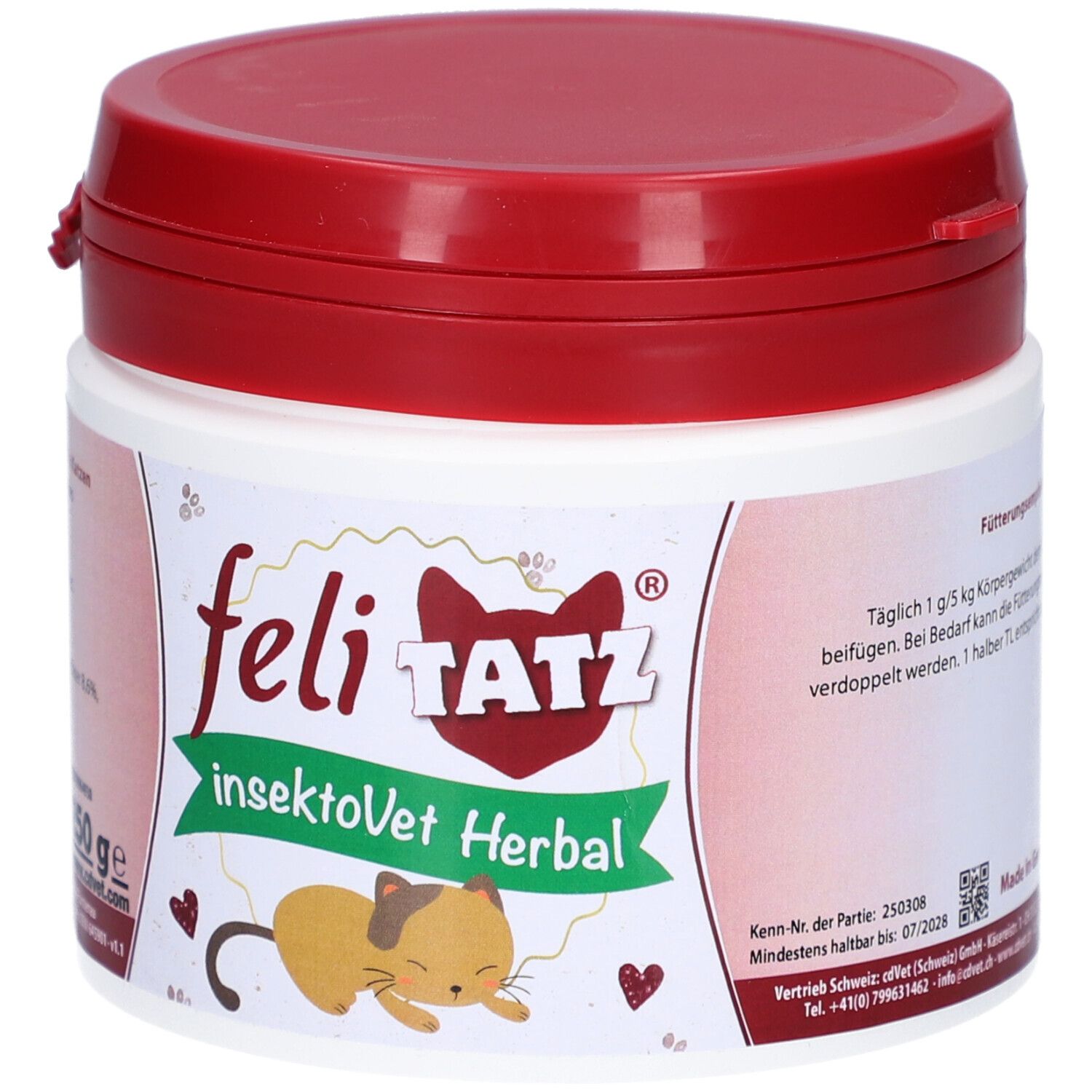 Weiße Dose mit rotem Deckel. Aufschrift: feli TATZ insektoVet Herbal. 250g. Abbildung einer Katze.