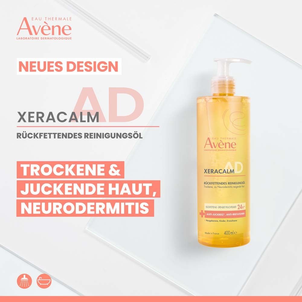 Avène XeraCalm A.D Reinigungsöl in Flasche. Gelbe Flüssigkeit, transparente Flasche mit Pumpe. Text: Avène, XeraCalm A.D, für trockene Haut, Neurodermitis.
