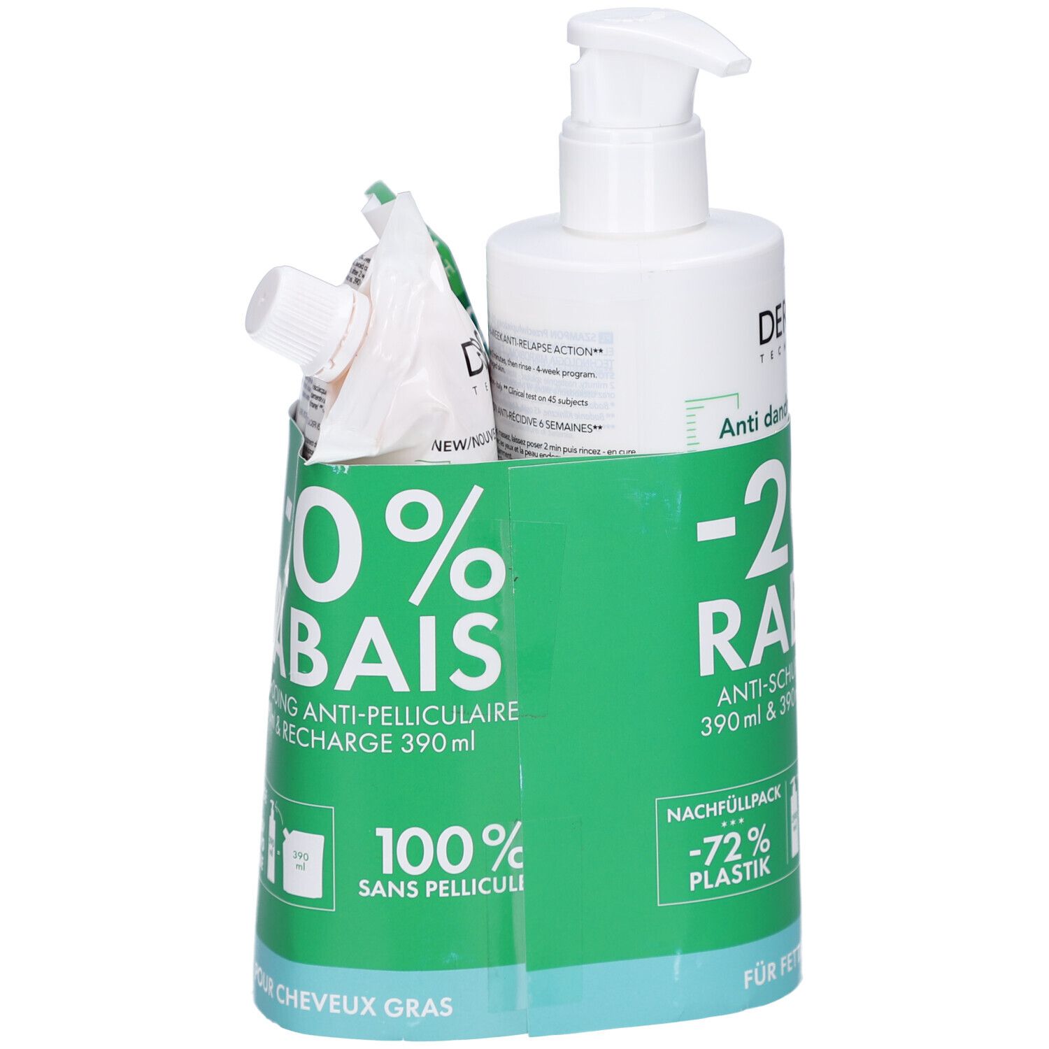 Shampoo-Set mit Flasche und Nachfüllpackung. Grüne Verpackung mit Rabatt-Aufdruck. Enthält Anti-Schuppen Shampoo.