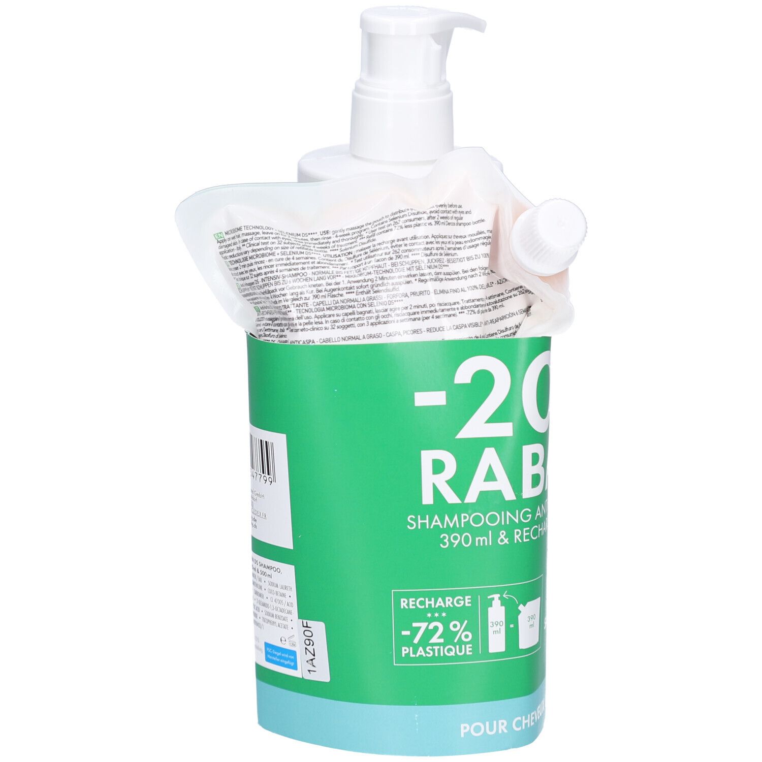 Shampoo-Set mit Flasche und Nachfüllpackung. Grüne Verpackung mit Rabatt-Aufdruck. Enthält Anti-Schuppen Shampoo.