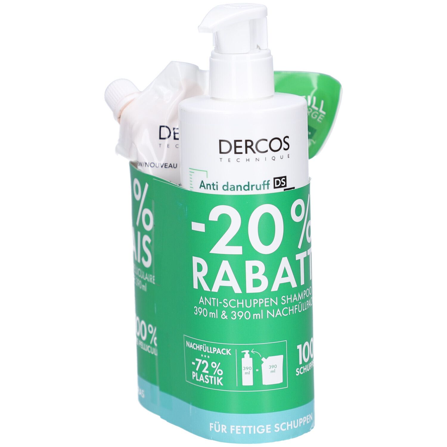 Shampoo-Set mit Flasche und Nachfüllpackung. Grüne Verpackung mit Rabatt-Aufdruck. Enthält Anti-Schuppen Shampoo.