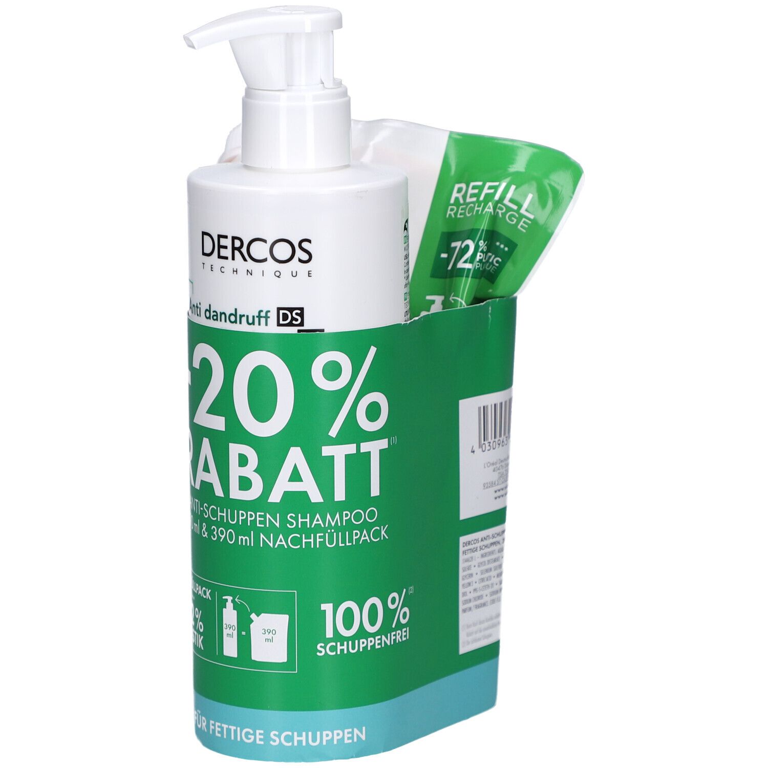 Shampoo-Set mit Flasche und Nachfüllpackung. Grüne Verpackung mit Rabatt-Aufdruck. Enthält Anti-Schuppen Shampoo.