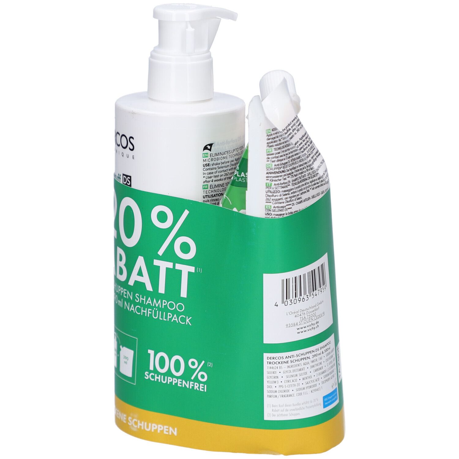 Set mit Shampoo-Flasche, Nachfüllpackung und Beutel in grüner Verpackung. Aufdruck: -20% Rabatt, Anti-Schuppen Shampoo.