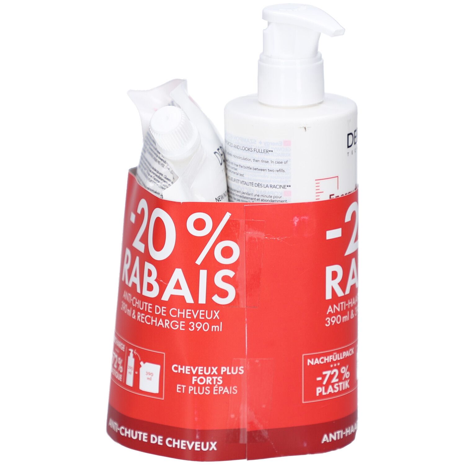 Set aus Shampoo-Flasche mit Pumpe, Nachfüllbeutel und roter Halterung. Text: -20% RABATT, Anti-Haarverlust Shampoo, Nachfüllpack.