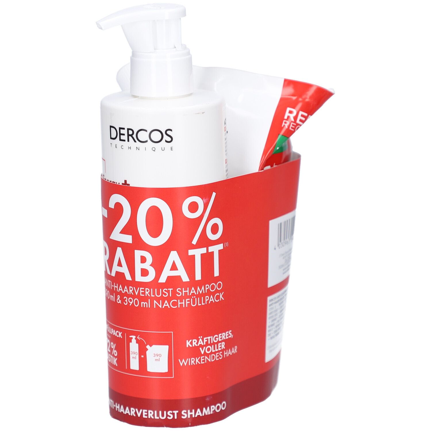 Set aus Shampoo-Flasche mit Pumpe, Nachfüllbeutel und roter Halterung. Text: -20% RABATT, Anti-Haarverlust Shampoo, Nachfüllpack.