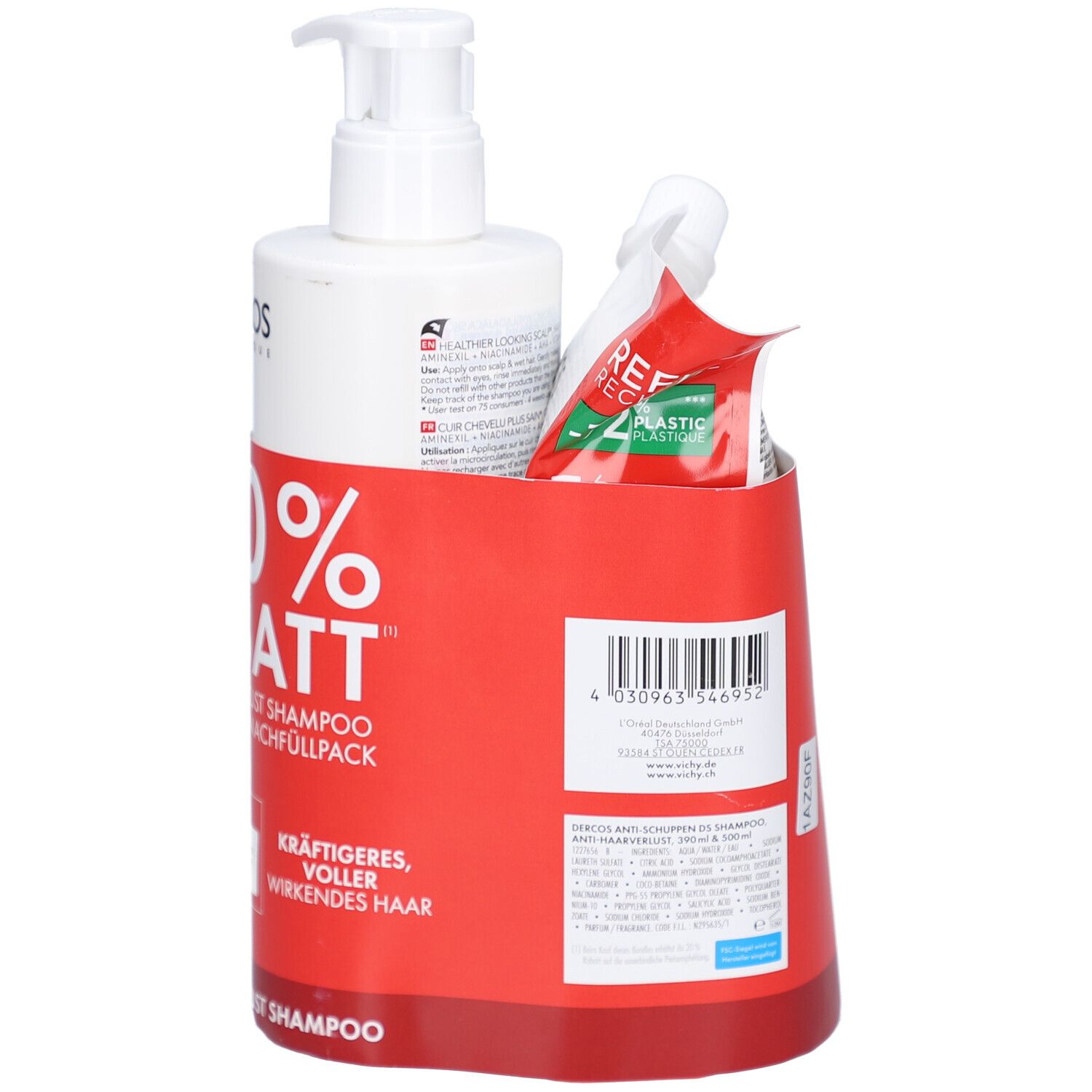 Set aus Shampoo-Flasche mit Pumpe, Nachfüllbeutel und roter Halterung. Text: -20% RABATT, Anti-Haarverlust Shampoo, Nachfüllpack.