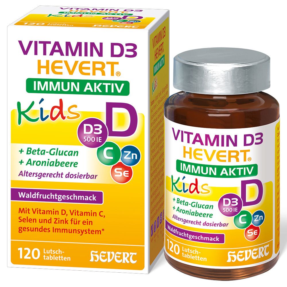 Vitamin D3 Hevert Immun Aktiv Kids. Flasche und Schachtel. 120 Lutschtabletten. Enthält Vitamin D, C, Zink, Selen.