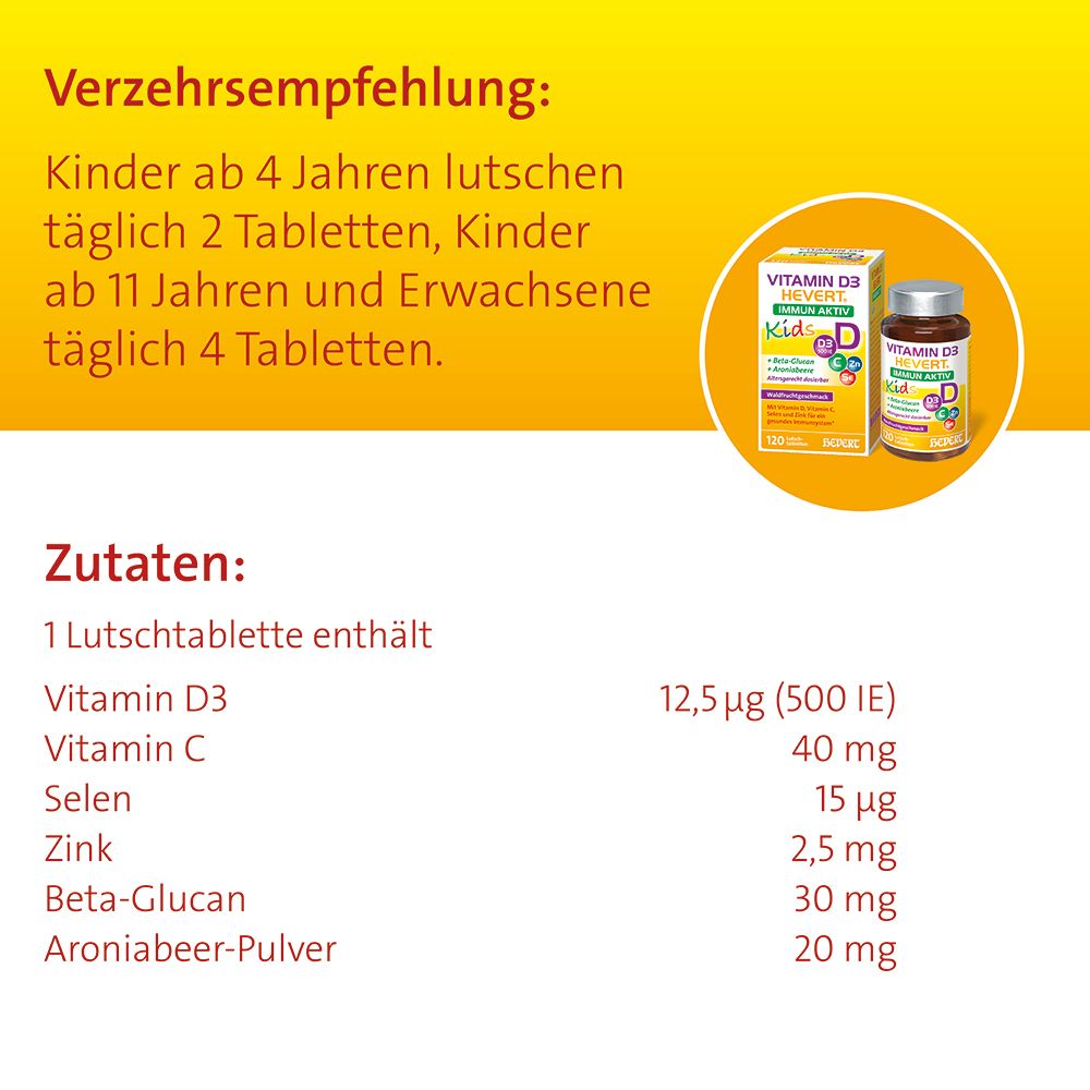 Zutatenliste und Verzehrempfehlung für Vitamin D3 Hevert Immun Aktiv Kids. Enthält Vitamin D3, C, Selen, Zink, Beta-Glucan.