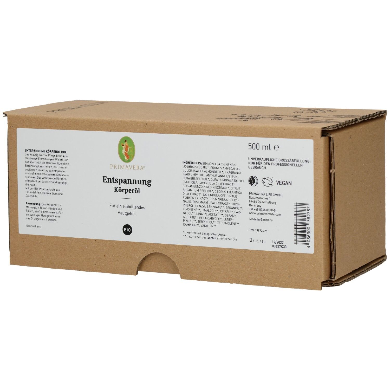 Brauner Karton mit Produktbeschriftung. PRIMAVERA Entspannung Körperöl bio. 500 ml. Vegan-Siegel.