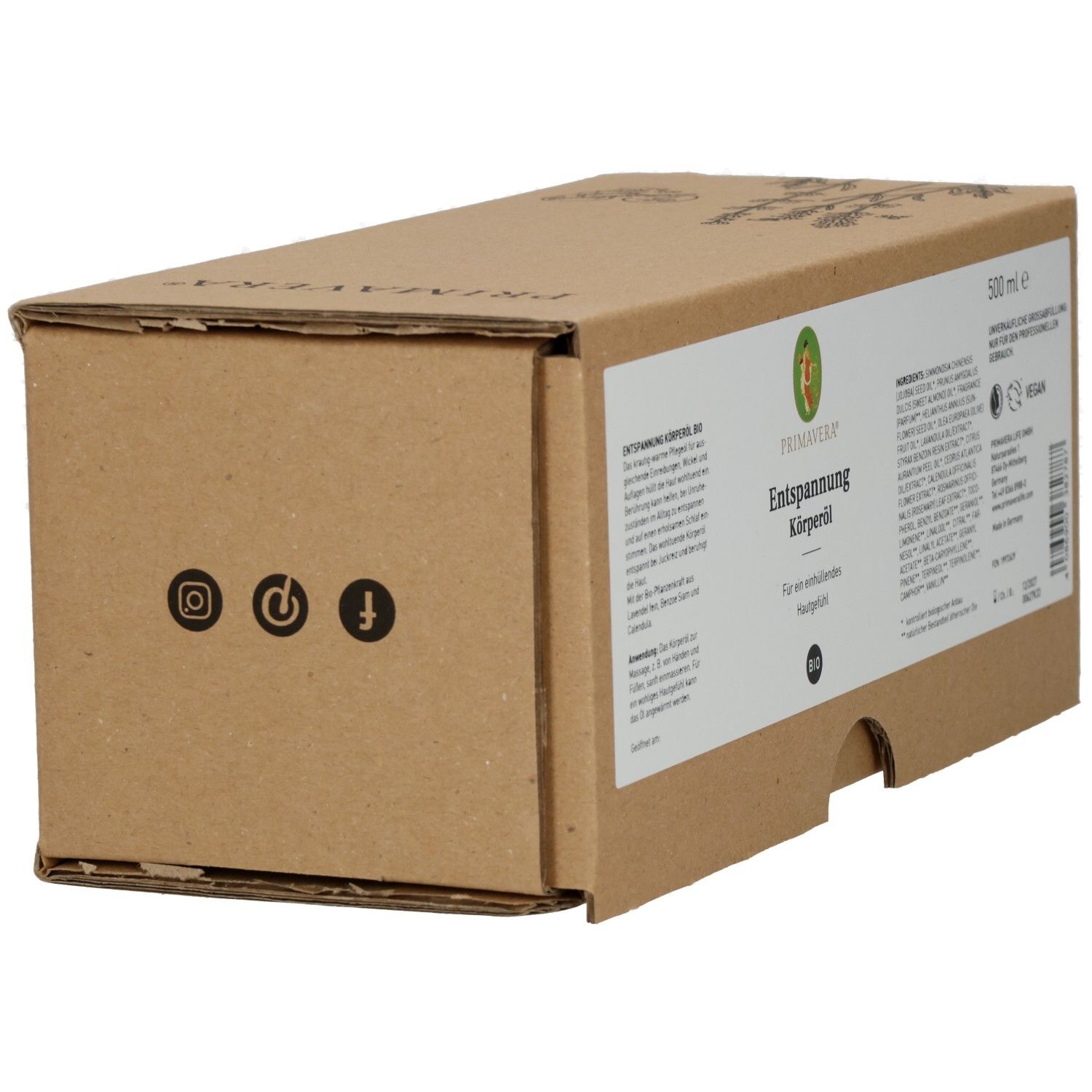 Brauner Karton, Seitenansicht. PRIMAVERA Logo und Produktinformationen. Social-Media-Icons.