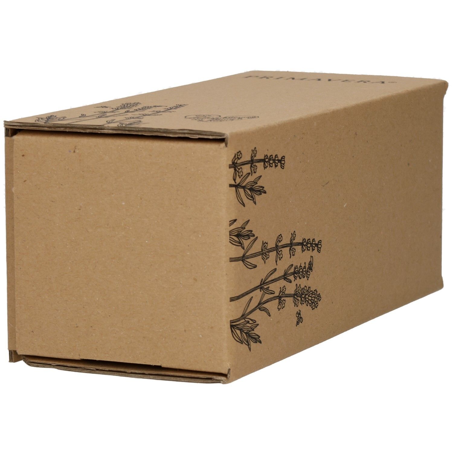 Brauner Karton, Seitenansicht mit Lavendel-Illustration. Leere Verpackung.