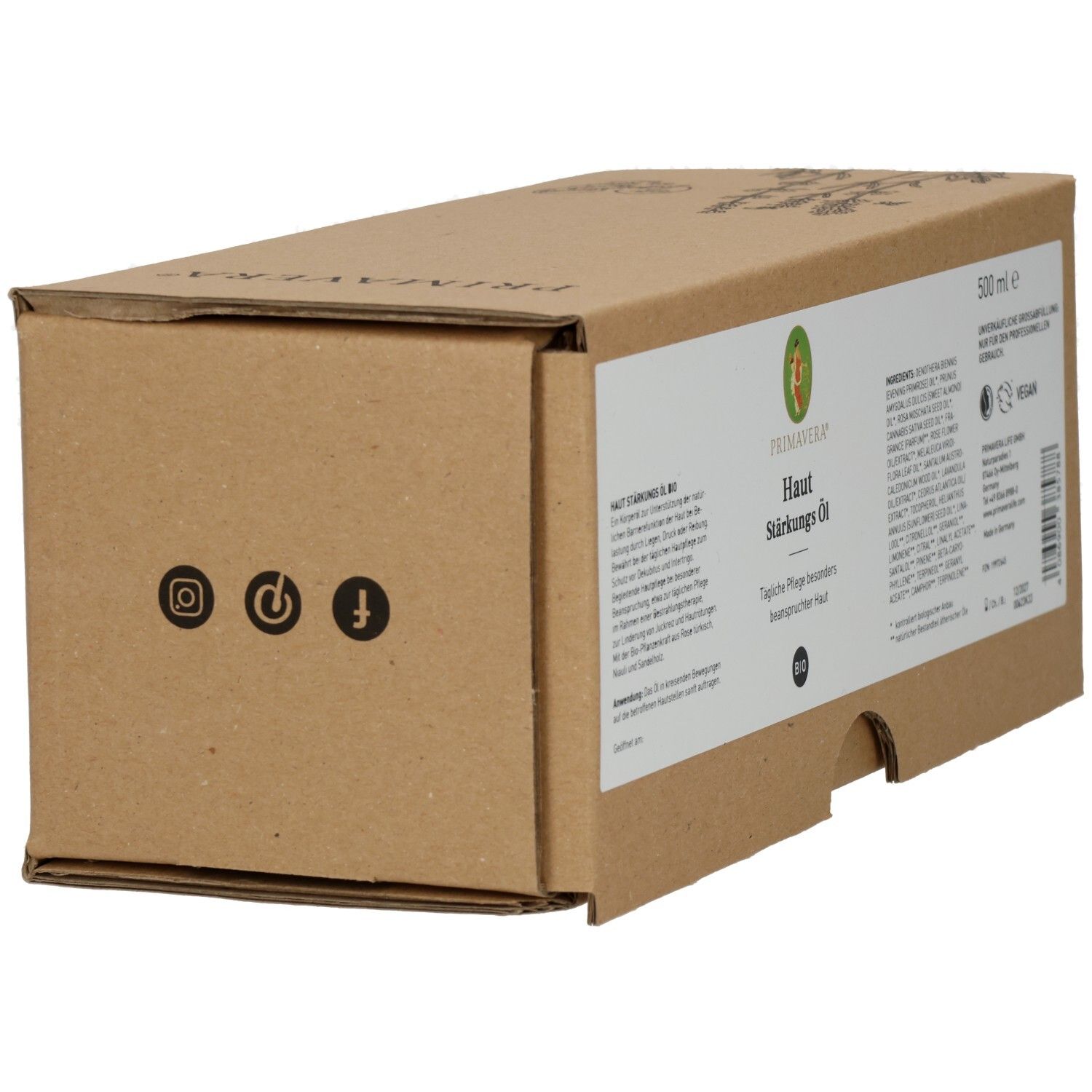 Braune Kartonverpackung mit Produktinformationen. PRIMAVERA® Logo. Social Media Icons. 500 ml.
