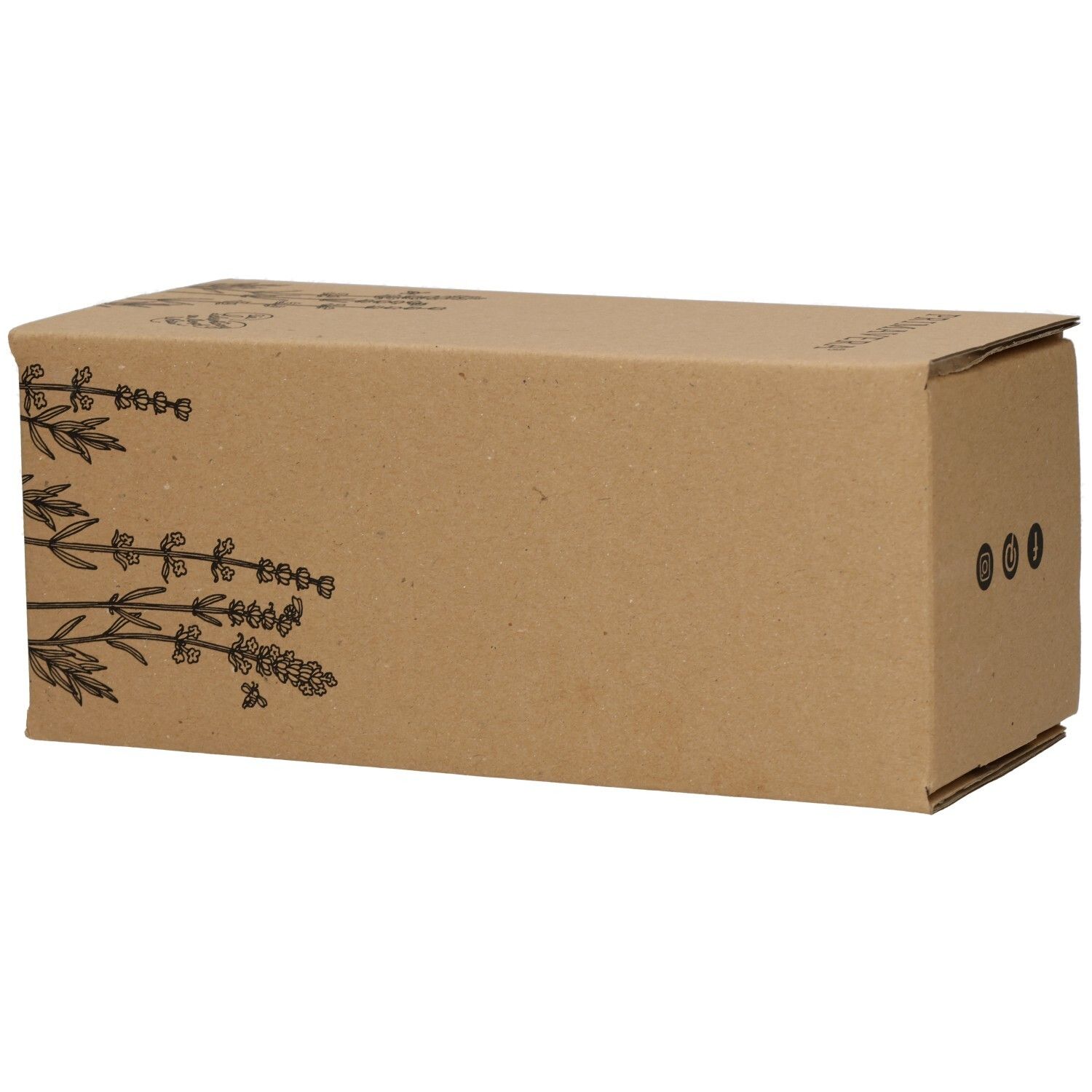 Braune Kartonverpackung mit Lavendel-Illustrationen. Oben links und rechts. Drei Kreise.