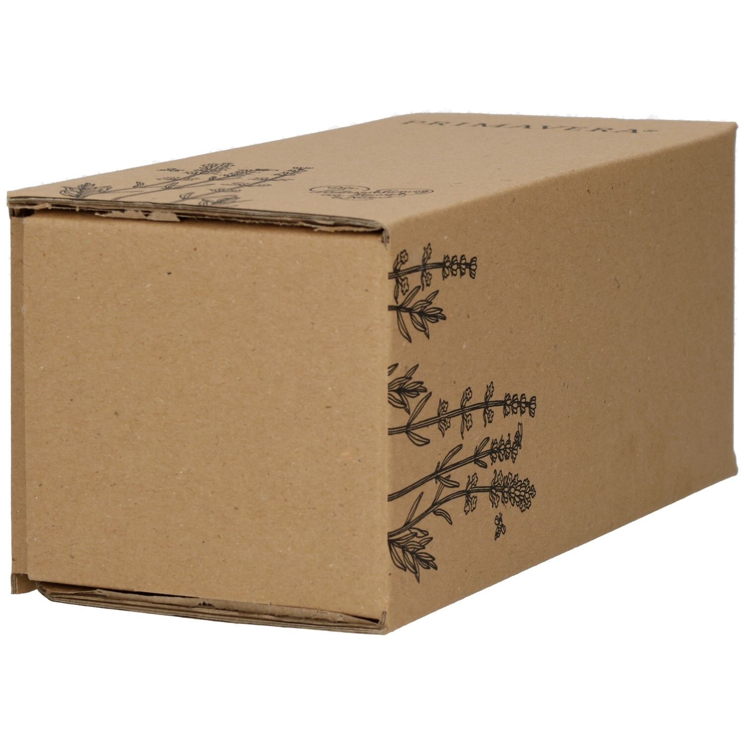 Braune Kartonverpackung mit Lavendel-Illustrationen. PRIMAVERA® Logo. Ecke.