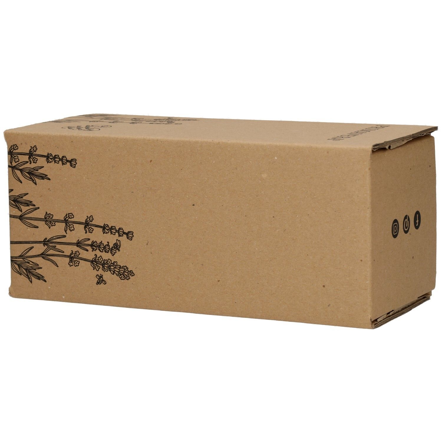 Braune Pappverpackung mit floralem Muster. Keine Produktbezeichnung sichtbar.