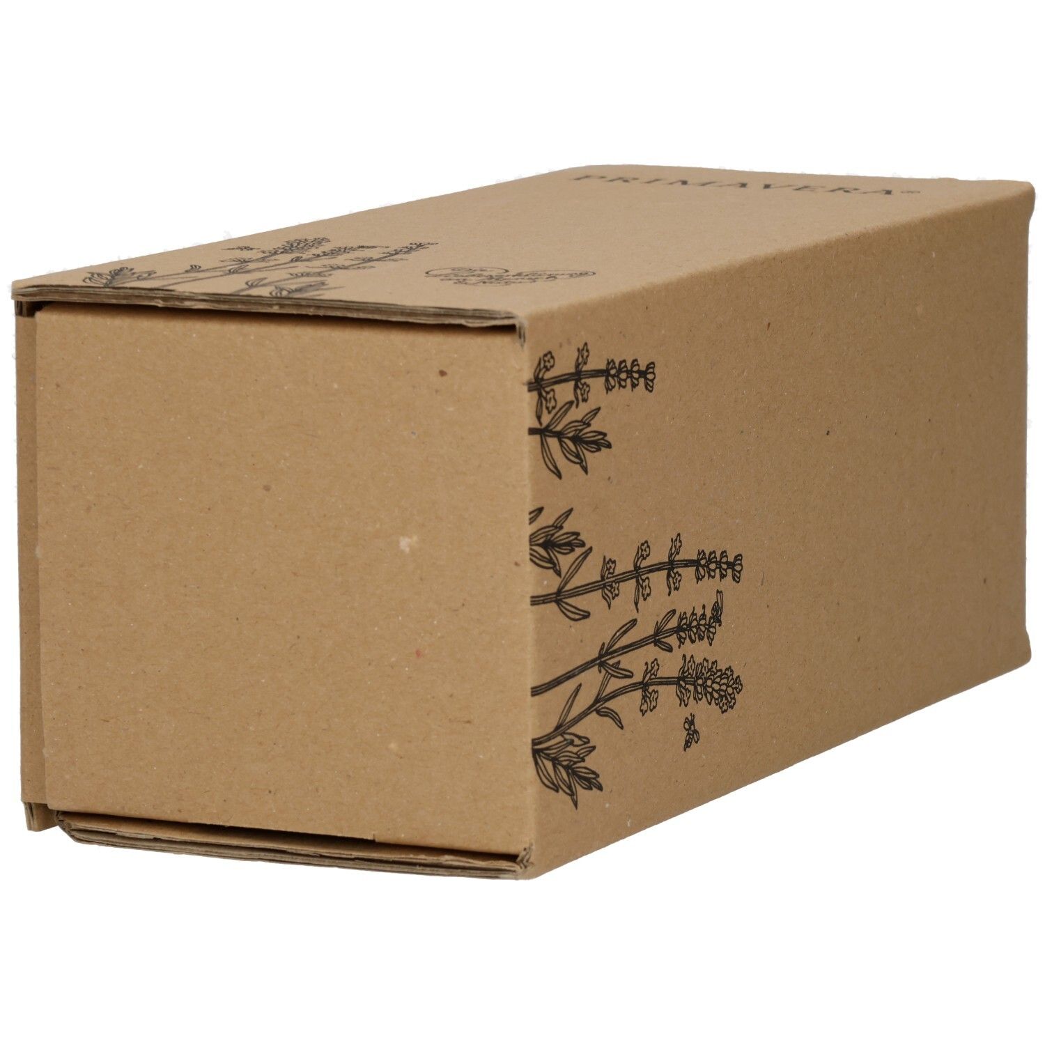 Braune Pappverpackung mit floralem Muster. Keine Produktbezeichnung sichtbar.