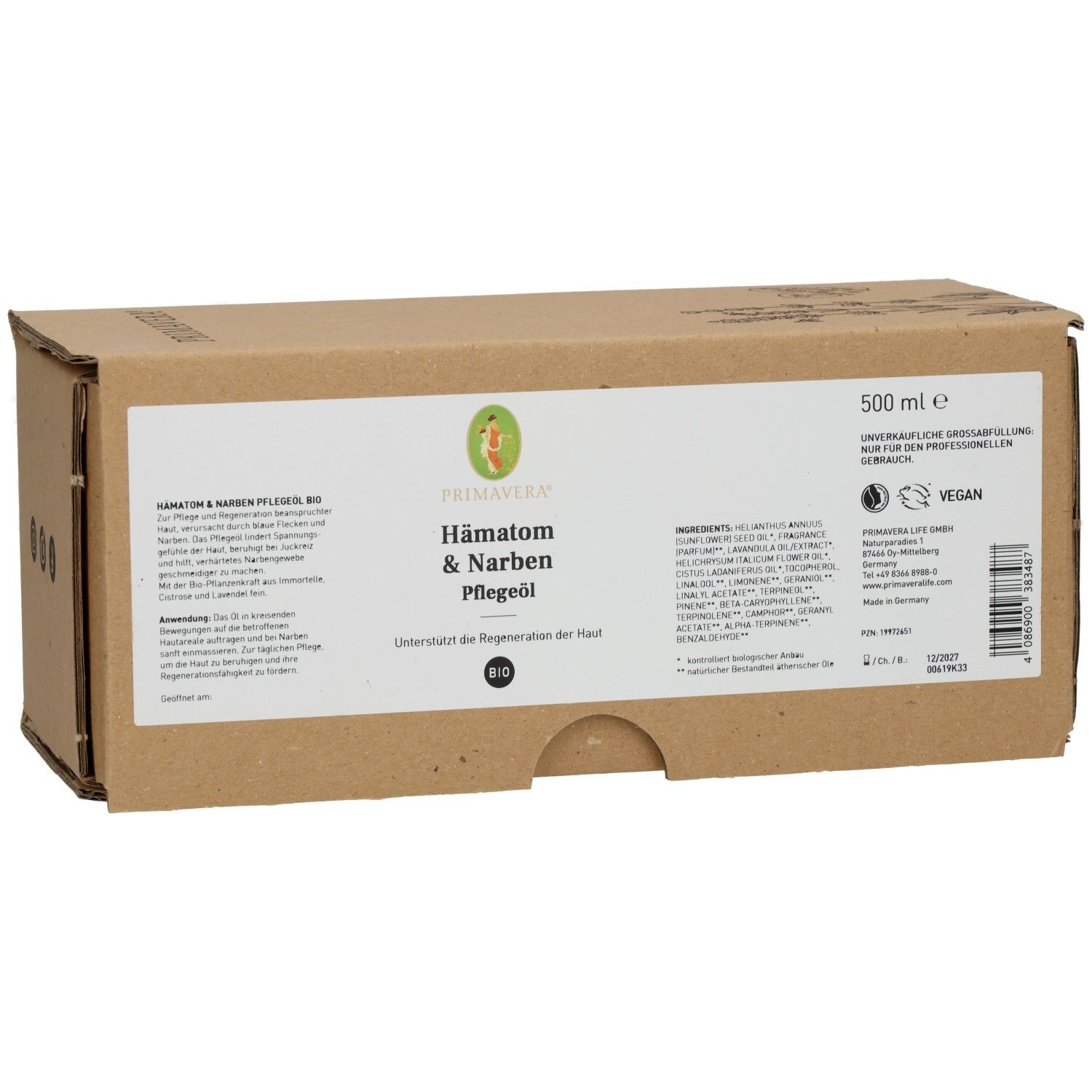 Braune Pappverpackung mit Produktinformationen. Aufschrift: HÄMATOM & Narben Pflegeöl Bio. Enthält 500 ml. Vegan-Siegel.