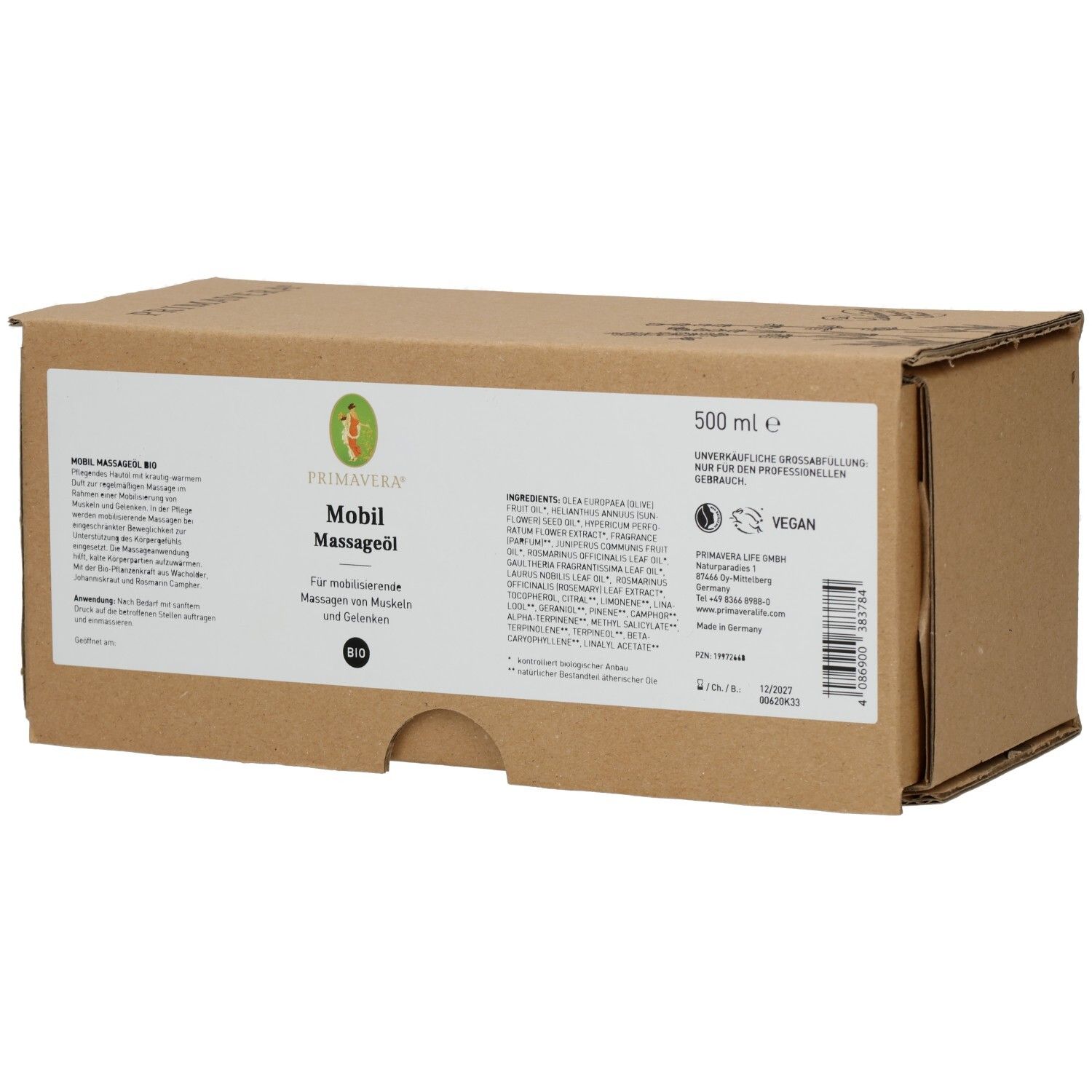 Braune Kartonverpackung mit Produktinformationen. Aufschrift: PRIMAVERA Mobil Massageöl bio. Vegan-Siegel. 500 ml.