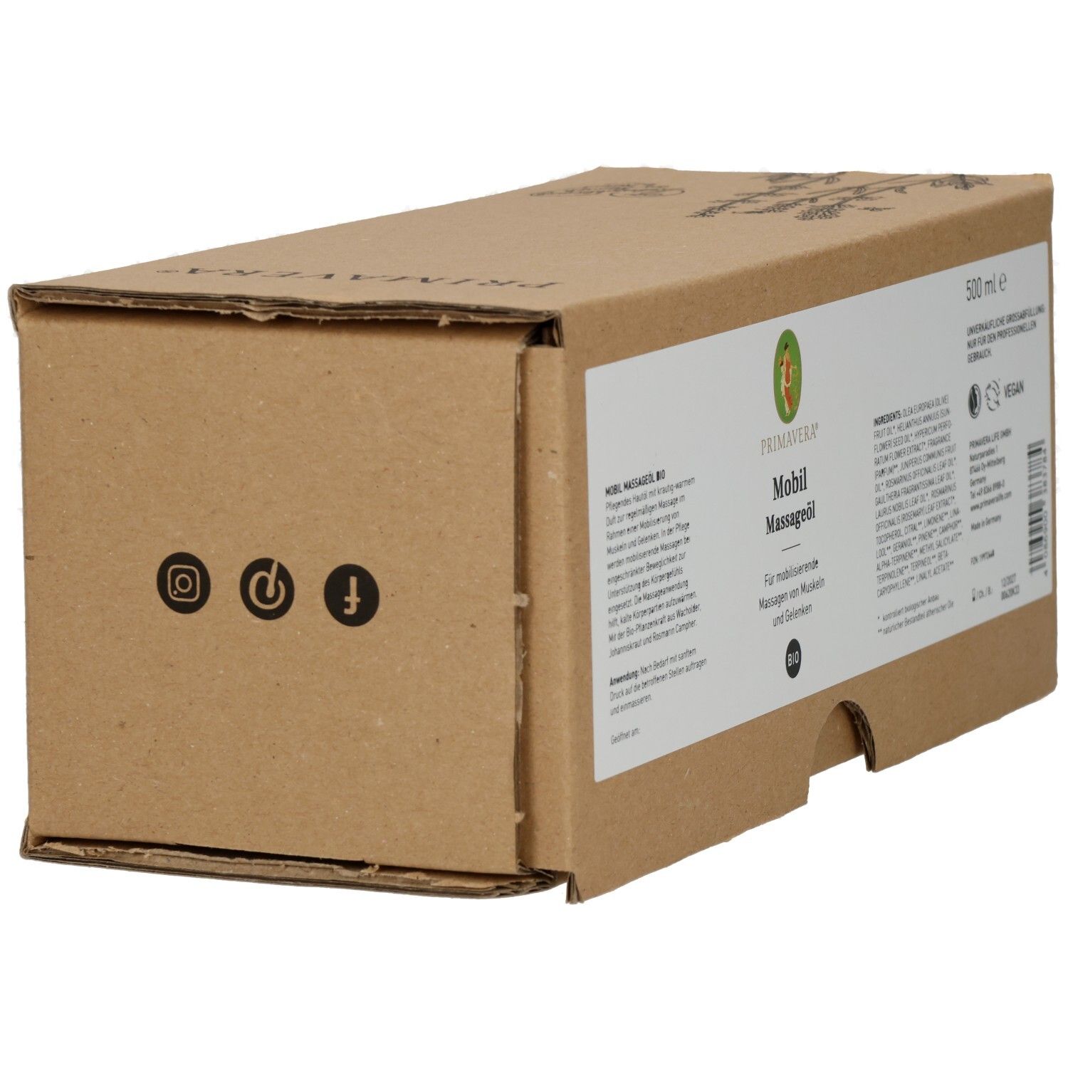 Braune Kartonverpackung mit Logo und Produktinformationen. Social-Media-Icons. Aufschrift: PRIMAVERA Mobil Massageöl bio.