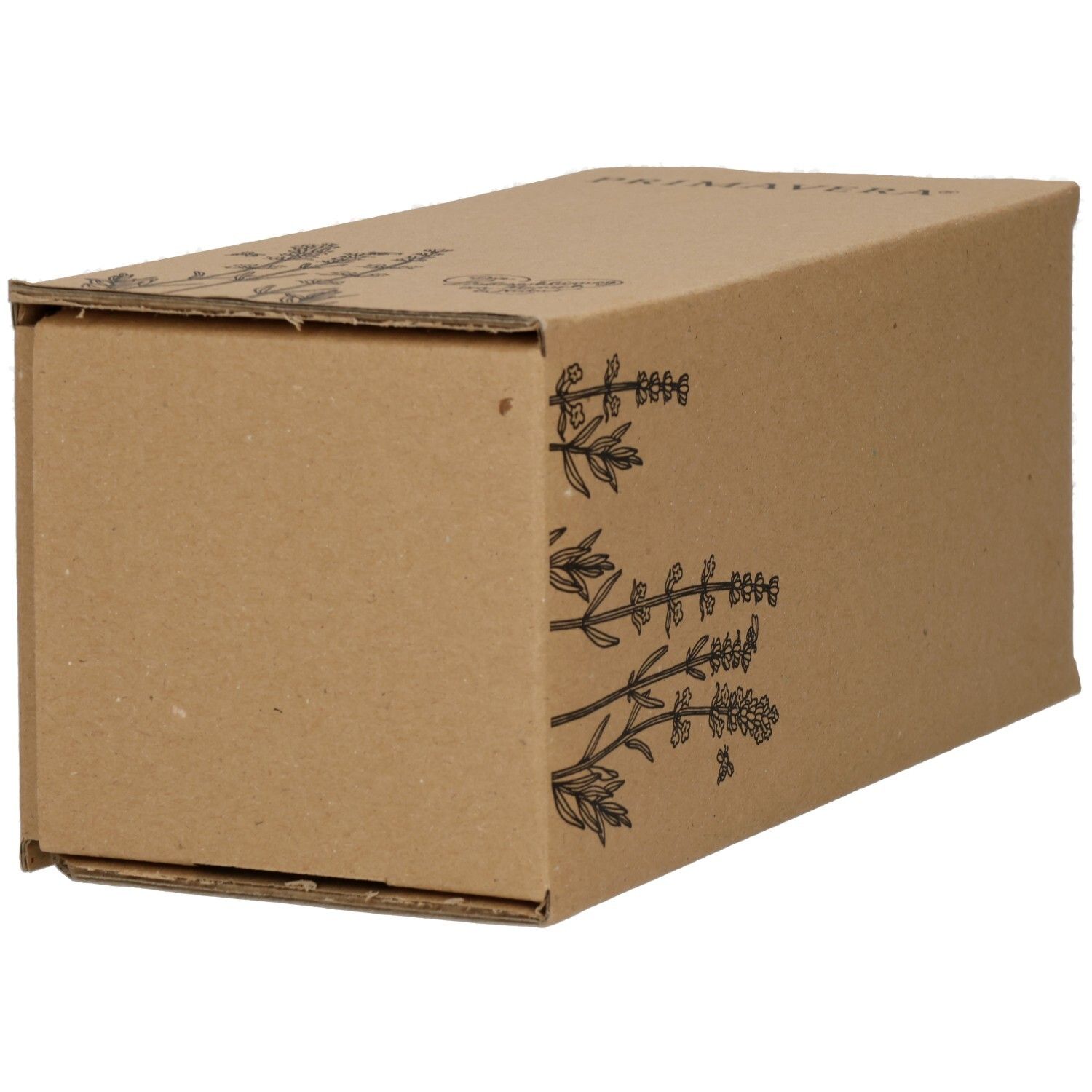 Braune Kartonverpackung mit Lavendel-Illustration. Aufschrift: PRIMAVERA. Eckansicht.