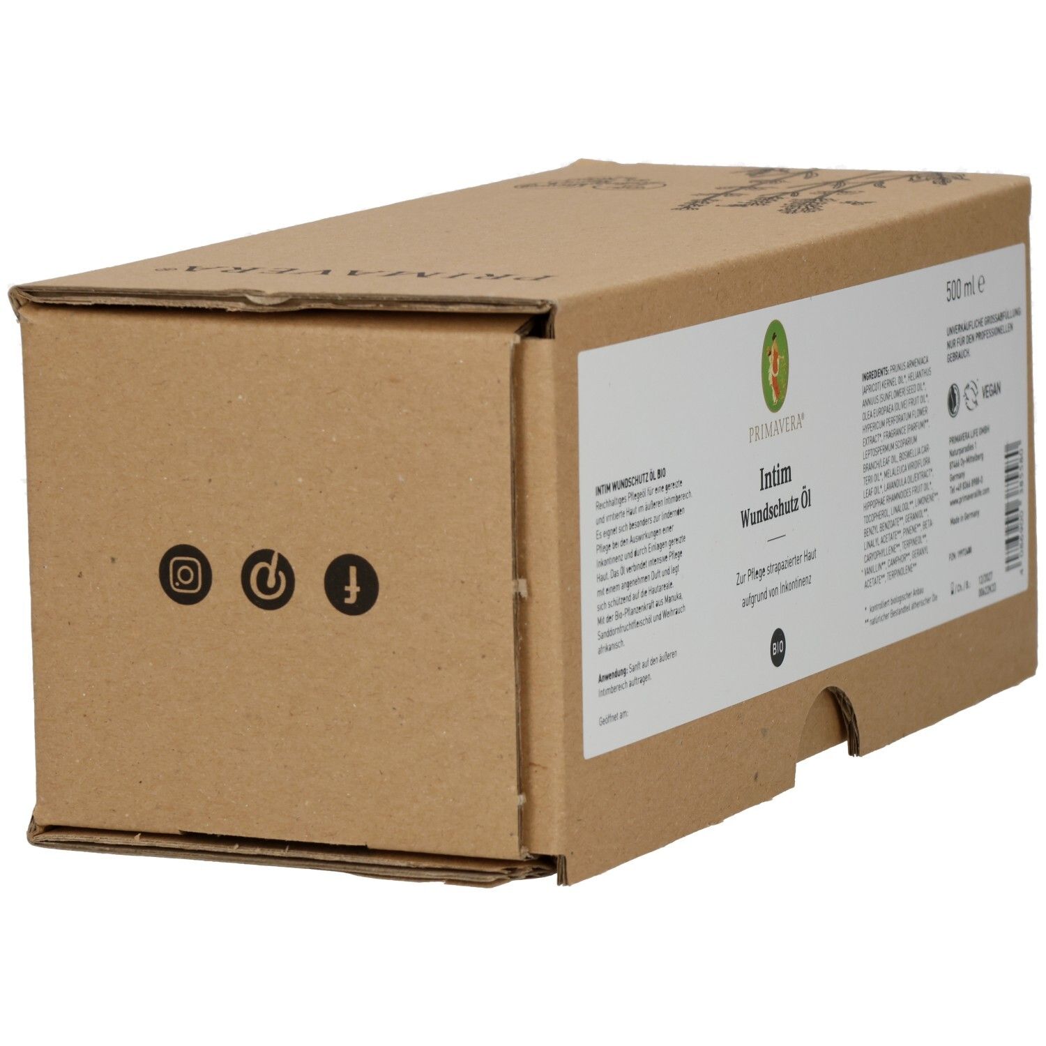 Braune Kartonverpackung mit Produktinformationen. Aufschrift: INTIM WUNDSCHUTZÖL Bio. Social-Media-Icons.