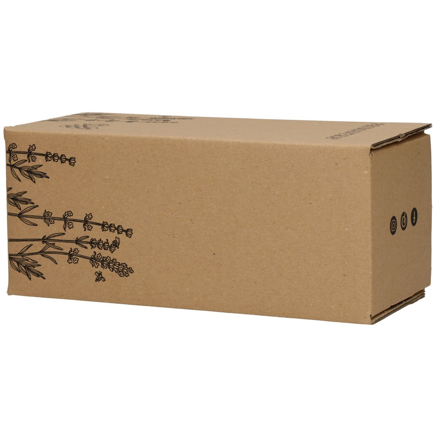 Braune Kartonverpackung mit floralem Muster. Keine Produktbezeichnung sichtbar.