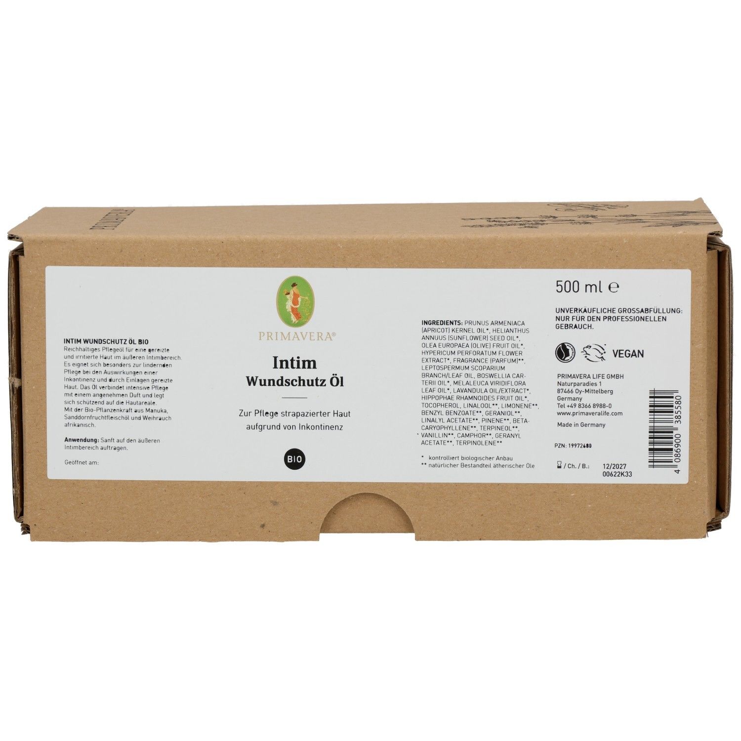 Braune Kartonverpackung mit Produktinformationen. Aufschrift: INTIM WUNDSCHUTZÖL Bio. Vegan-Siegel. 500 ml.