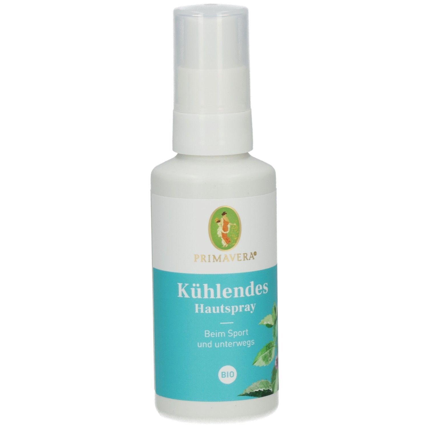 Weiße Sprühflasche mit blauem Etikett. Text: KÜHLENDES Hautspray Bio. Logo: Primavera. Grün-rotes Logo. Bio-Siegel.
