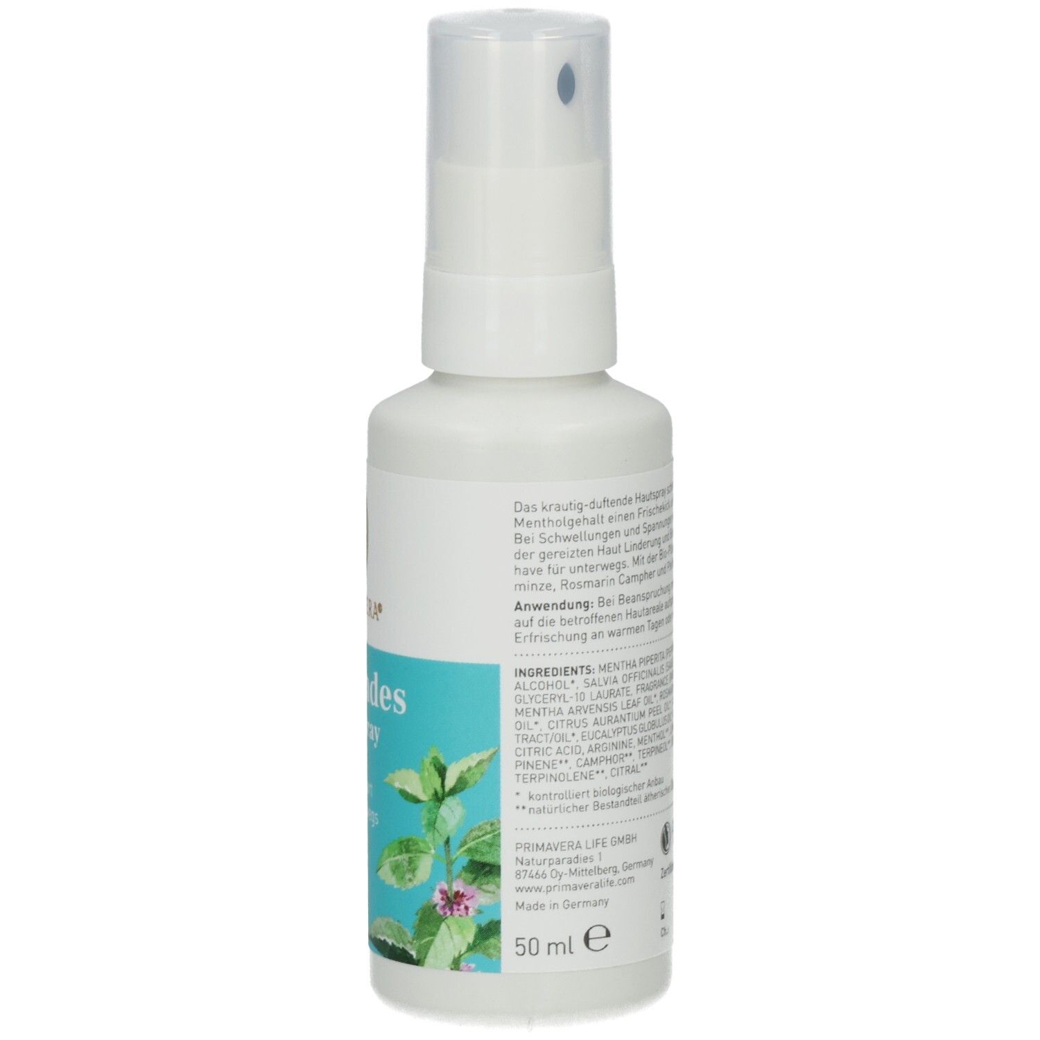 Weiße Sprühflasche. Rückseite mit Text. Text: Inhaltsstoffe. Volumen: 50 ml. Logo: Primavera. Vegan-Siegel.