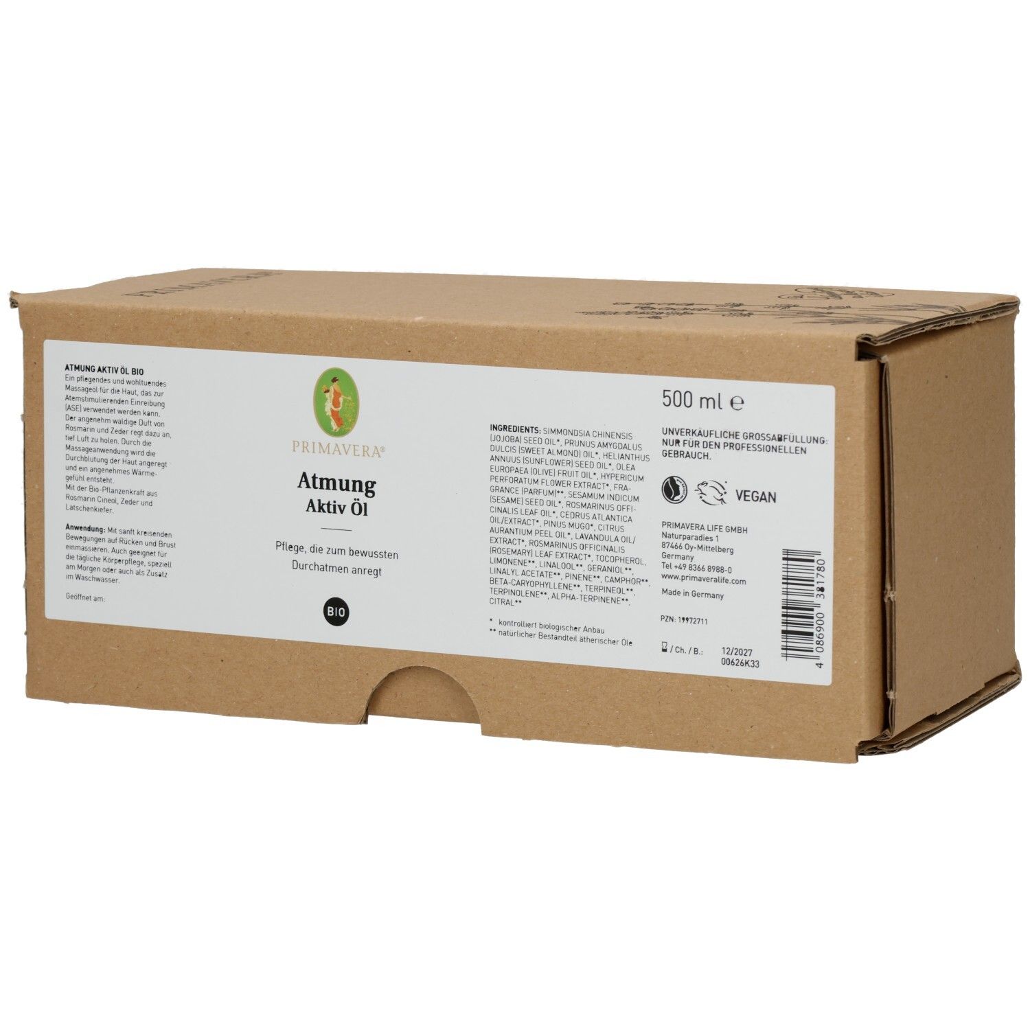 Braune Kartonverpackung mit Produktetikett. Aufschrift: Atmung Aktiv Öl bio. Vegan-Siegel. 500 ml.