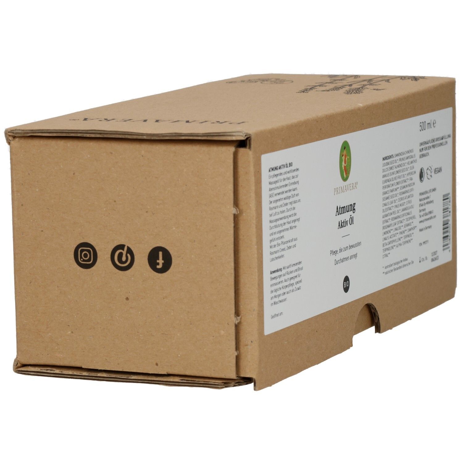 Braune Kartonverpackung. Auf der Seite: Logos und Produktetikett. Aufschrift: Atmung Aktiv Öl bio.