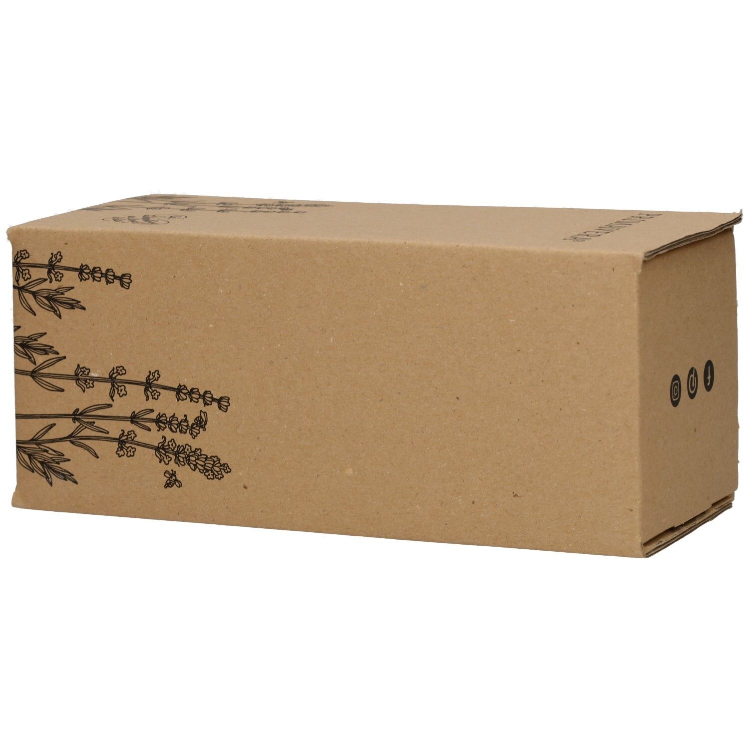 Braune Kartonverpackung mit floralem Muster. Auf der Seite: drei kleine Kreise.