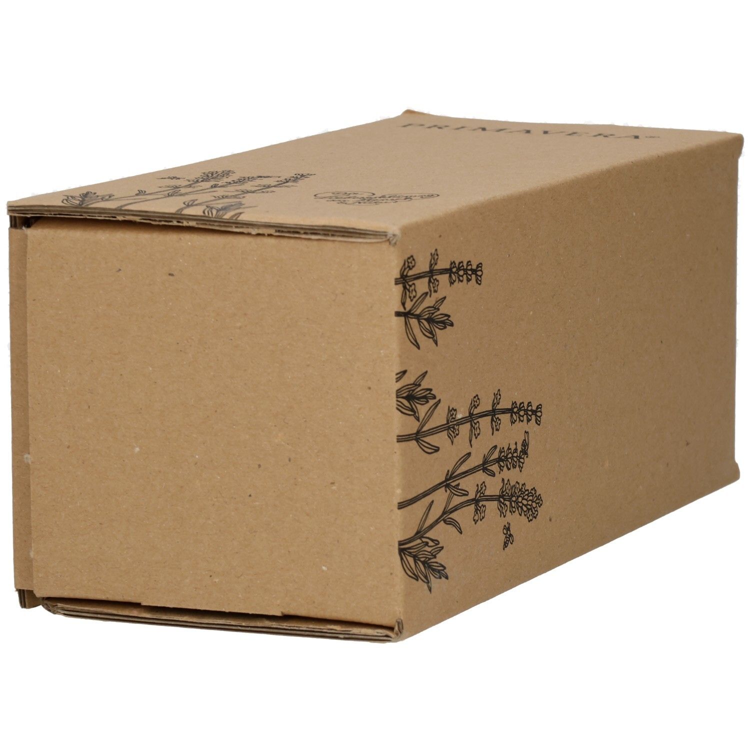 Braune Kartonverpackung mit floralem Muster. Perspektivische Ansicht.