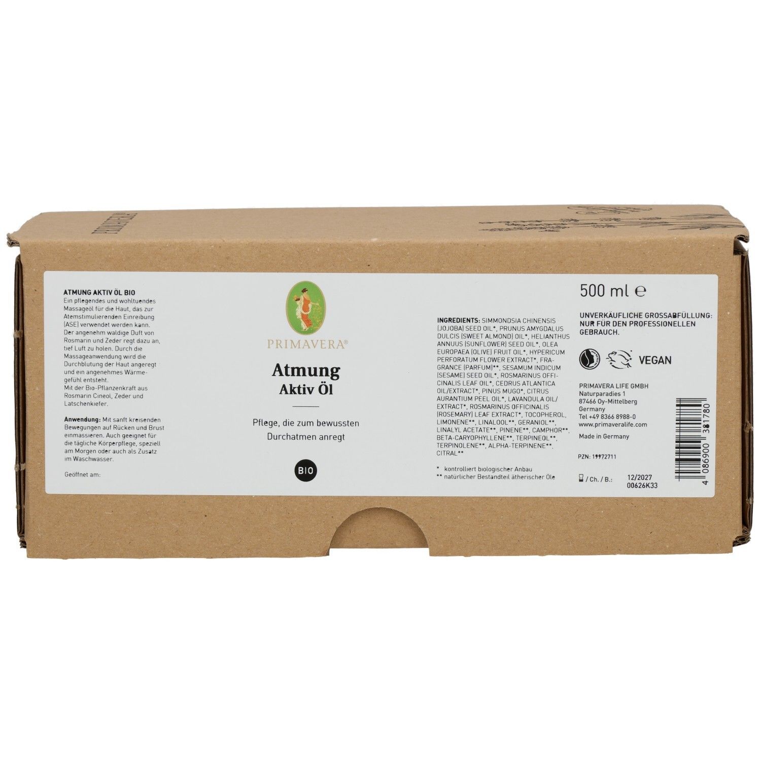 Braune Kartonverpackung mit Produktetikett. Aufschrift: Atmung Aktiv Öl bio. Vegan-Siegel. 500 ml.