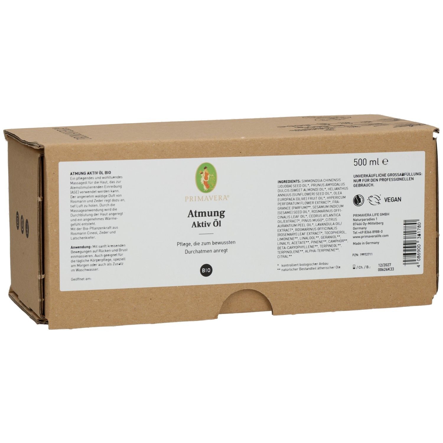 Braune Kartonverpackung mit Produktetikett. Aufschrift: Atmung Aktiv Öl bio. Vegan-Siegel. 500 ml.