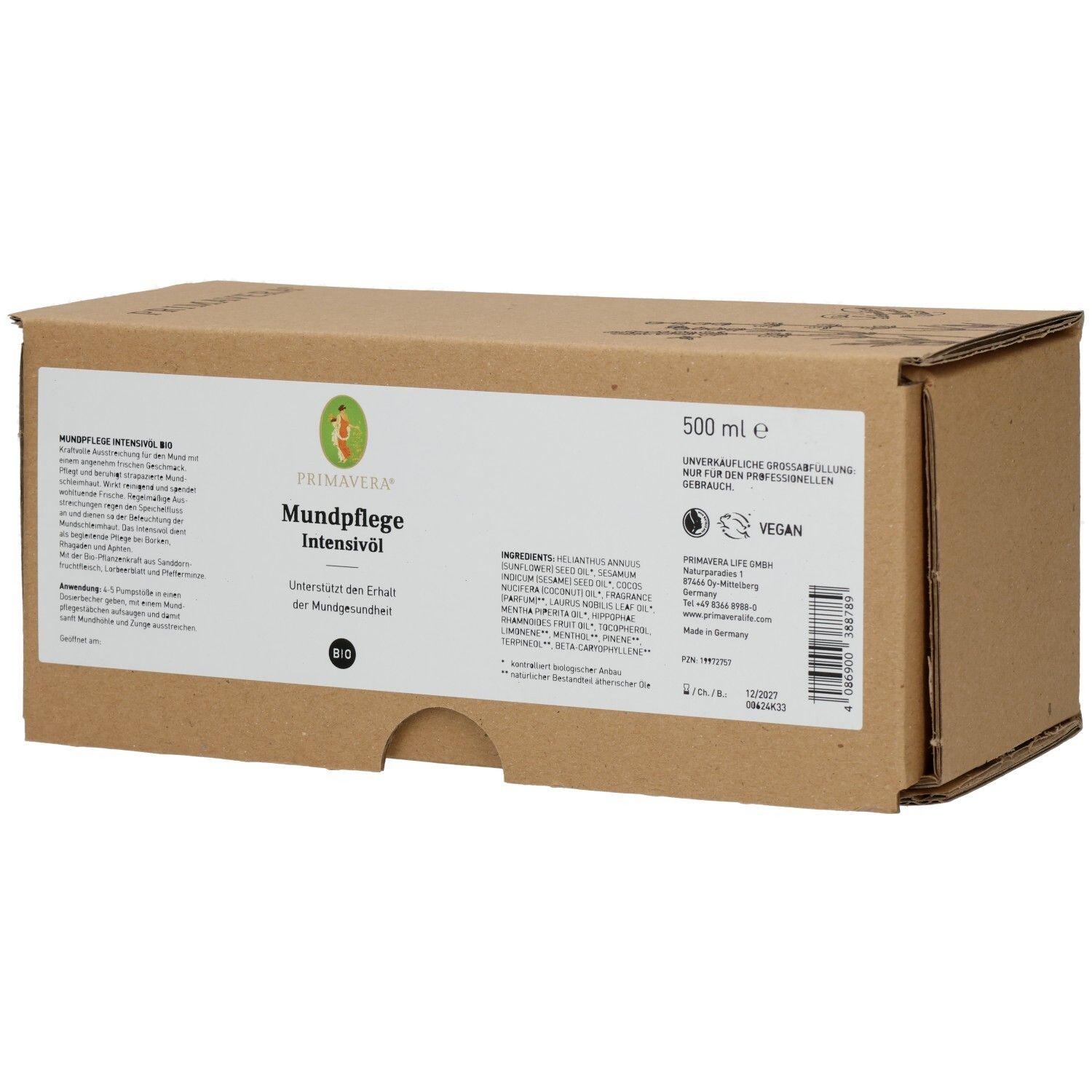 Braune Pappverpackung mit weißem Etikett. Aufschrift: MUNDPFLEGE INTENSIVÖL Bio. Vegan-Siegel. 500 ml.