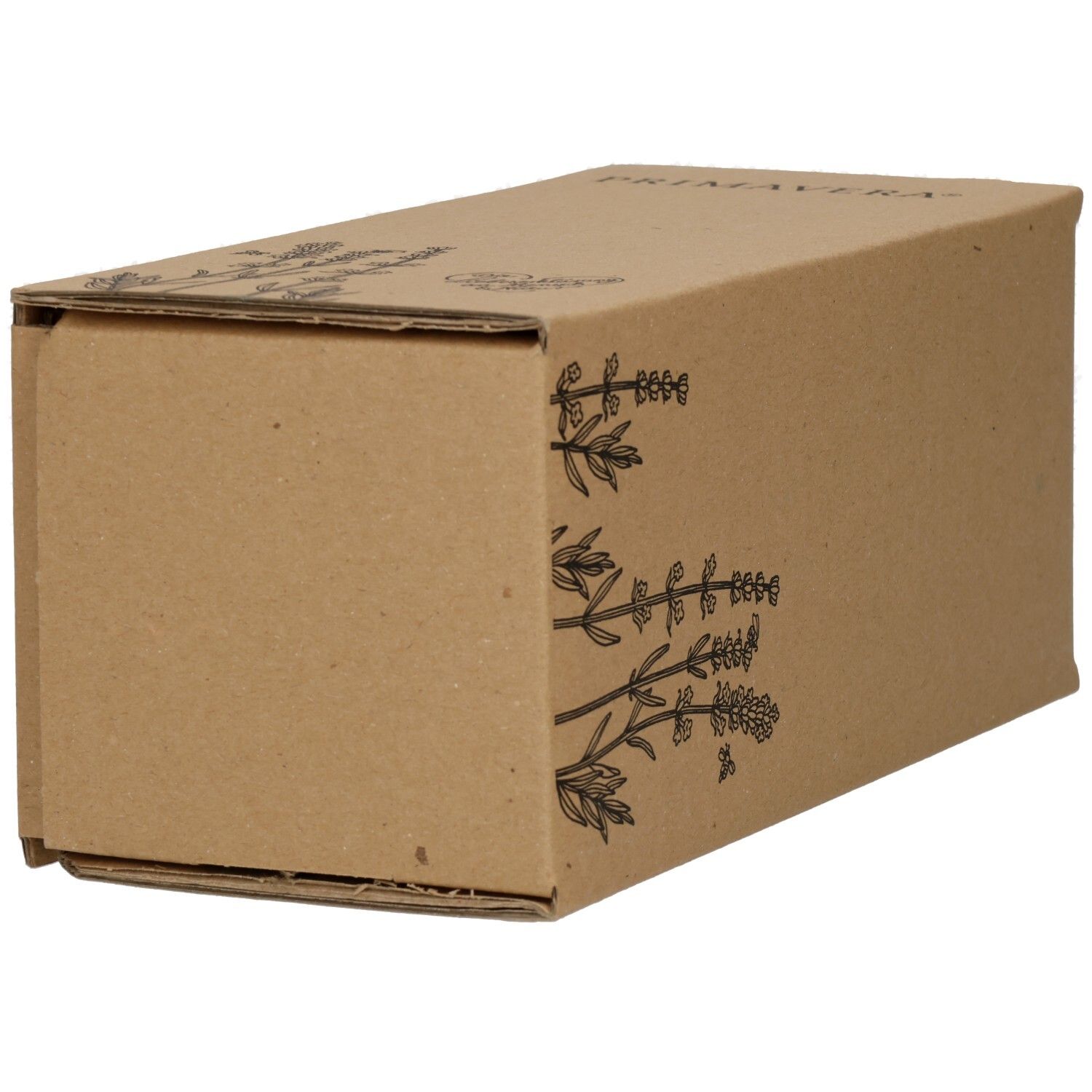 Braune Pappverpackung mit floralen Illustrationen. Auf der Ecke. Keine Produktbezeichnung sichtbar.