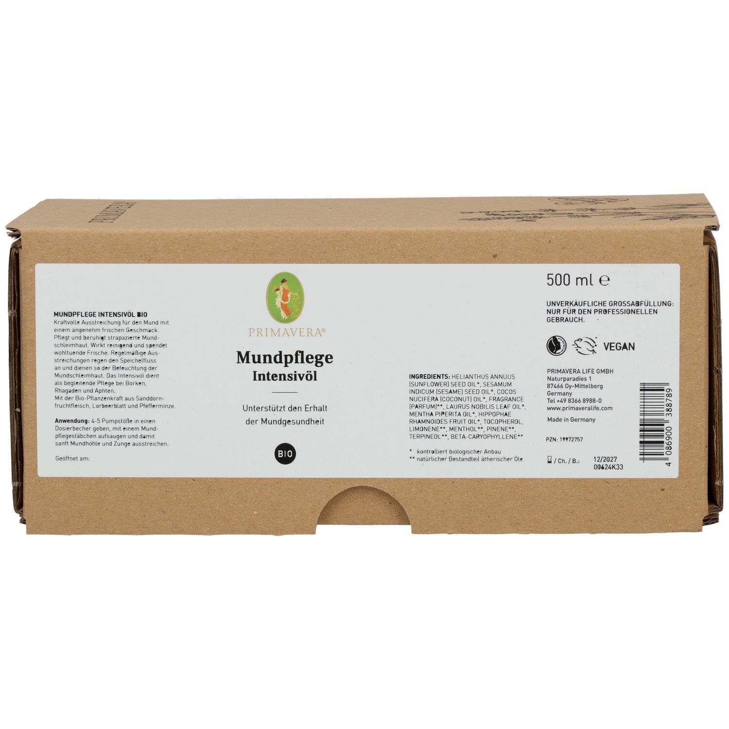 Braune Pappverpackung mit weißem Etikett. Aufschrift: MUNDPFLEGE INTENSIVÖL Bio. Vegan-Siegel. 500 ml.