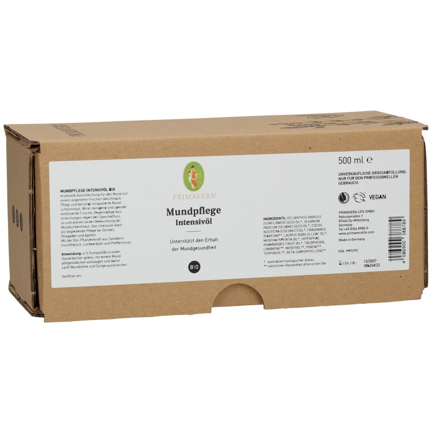 Braune Pappverpackung mit weißem Etikett. Aufschrift: MUNDPFLEGE INTENSIVÖL Bio. Vegan-Siegel. 500 ml.