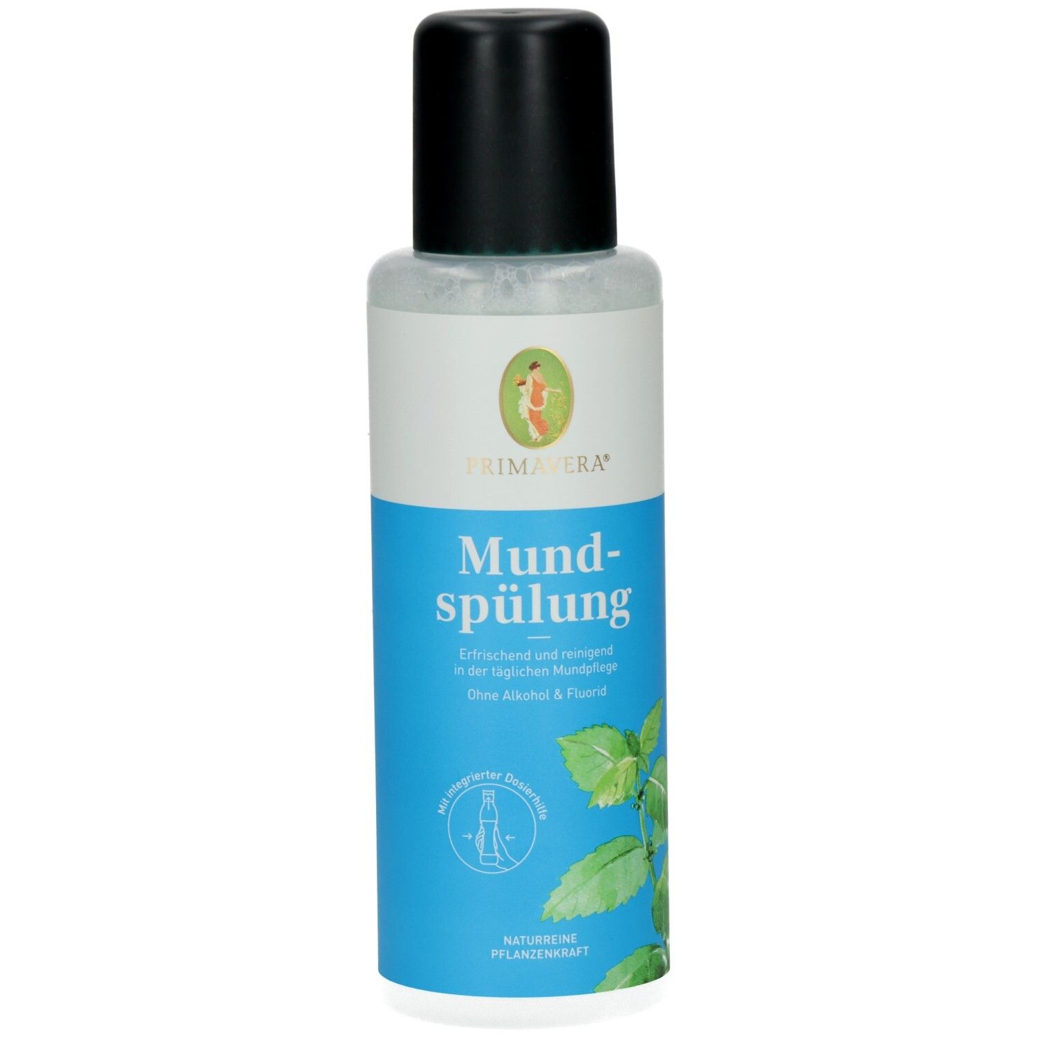 Mundspülung-Flasche mit schwarzem Deckel. PRIMAVERA-Logo und Produktname. Blaue und weiße Etiketten mit Pflanzenabbildung.